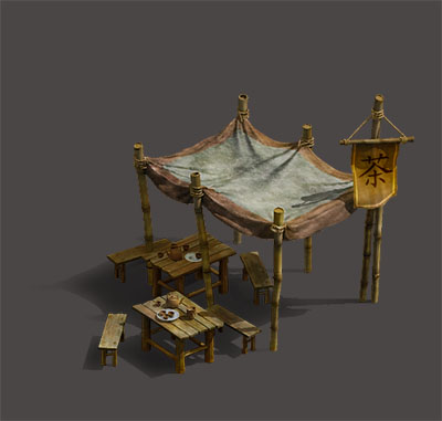 一个实用的茶摊和一个草人模型