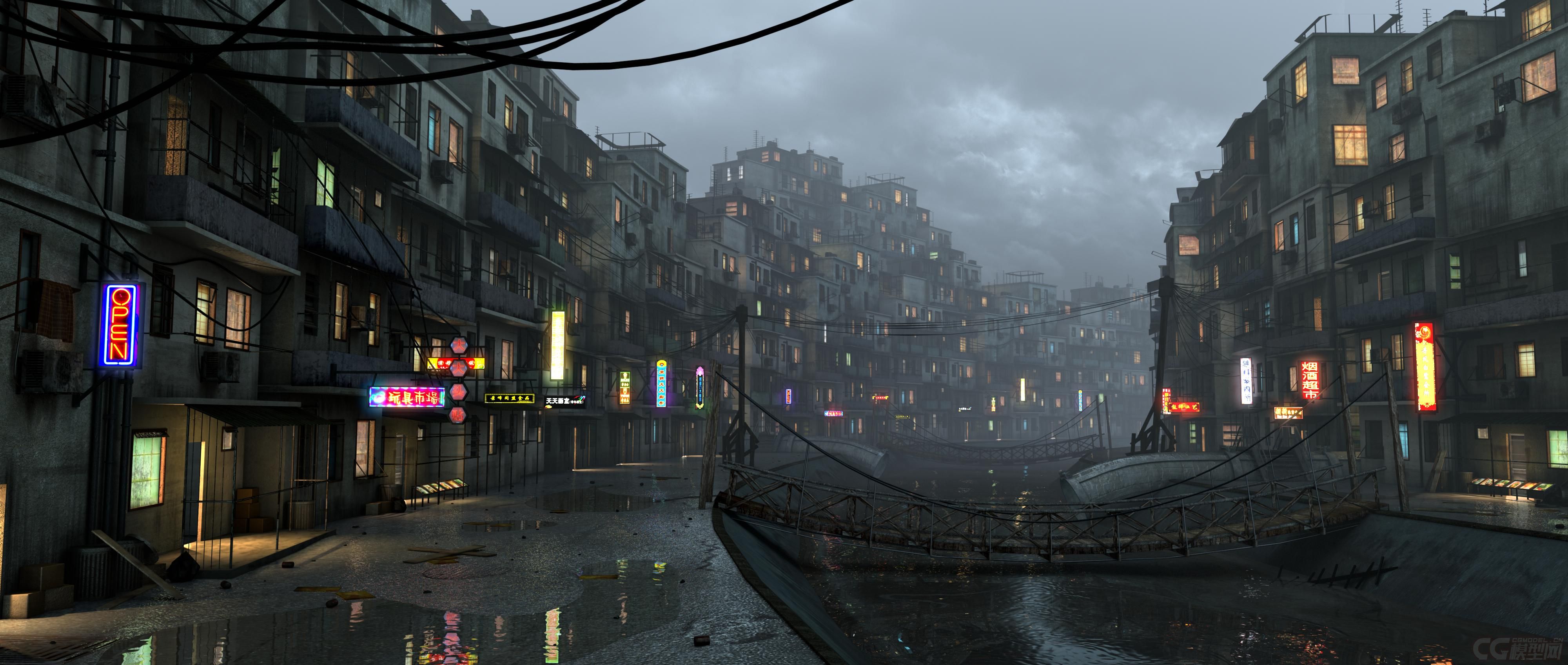 写实 现代都市雨后场景