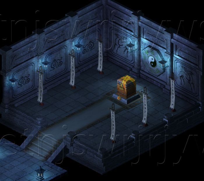 写实寺庙道观秘室内场景3d高模型,黄符纸封印宝箱石