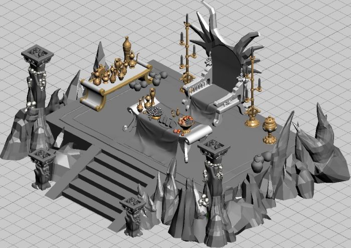 魔王怪物山洞的宝座座台3d高模模型,王座铺红毯香炉火炉蜡烛台水果