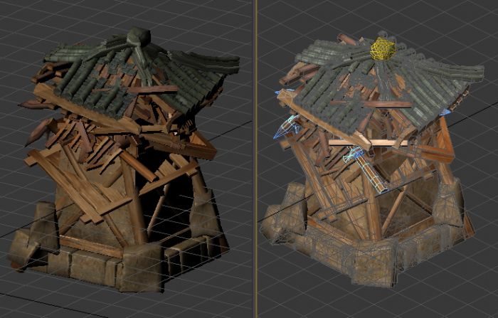 破木头箱子推车帐篷等破损物件模型三座写实的岗哨木塔门桥3d高模型