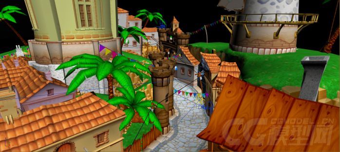 动画场景 卡通城市 q版城市 卡通小镇 q版小镇(内 附街道,广场,港口