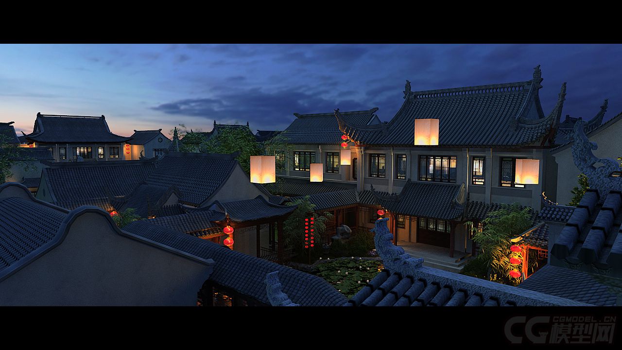 古建筑院落夜景动画_lifangti作品_场景自然场景_cg模型网