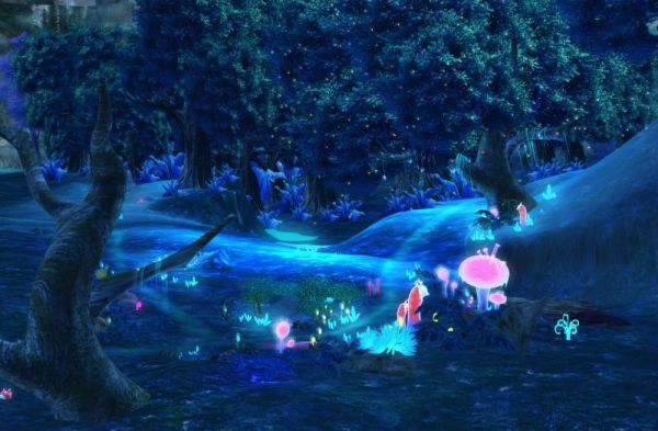 森林夜景发光植物树林卡通场景