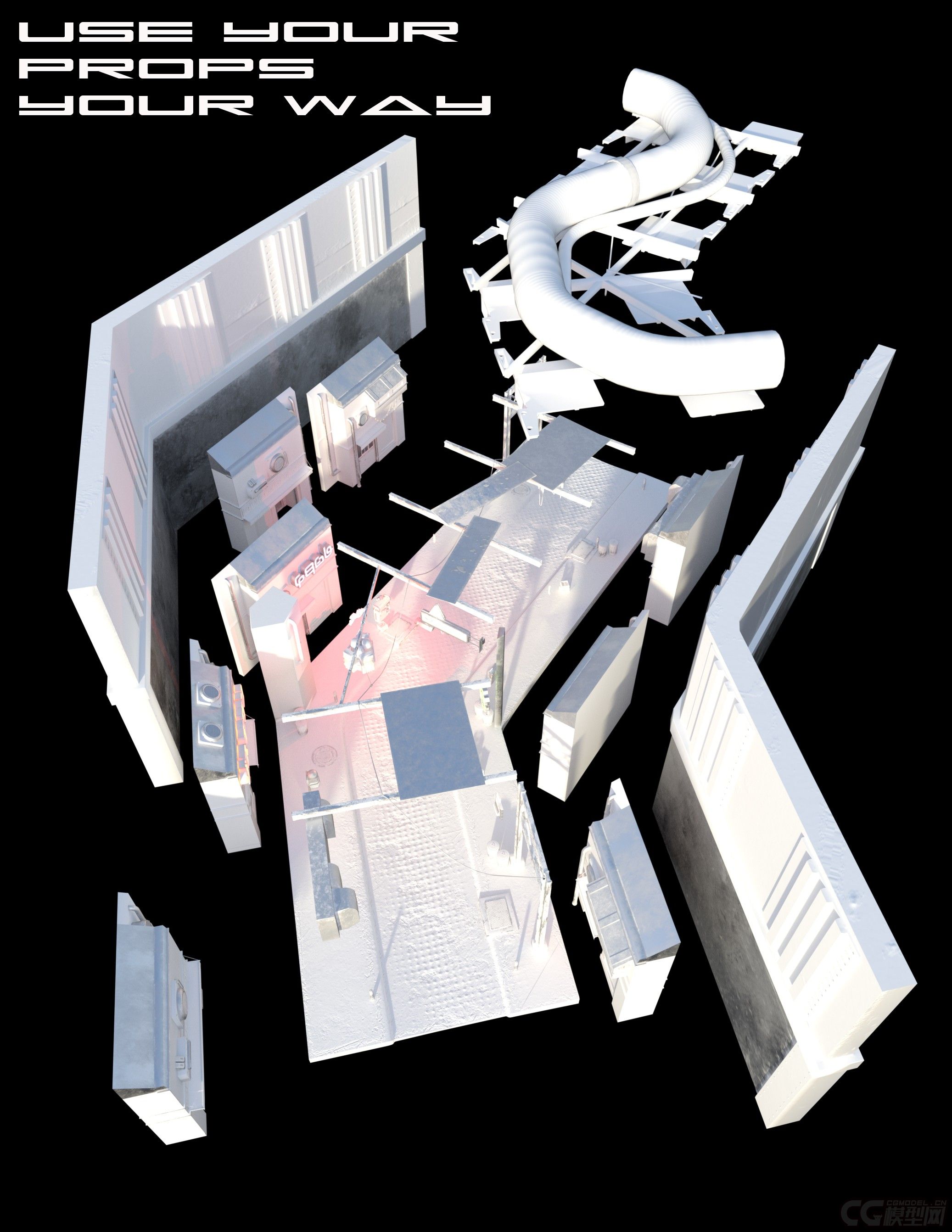 sci-fi black market alley科幻黑市巷街道建筑,路灯,商店