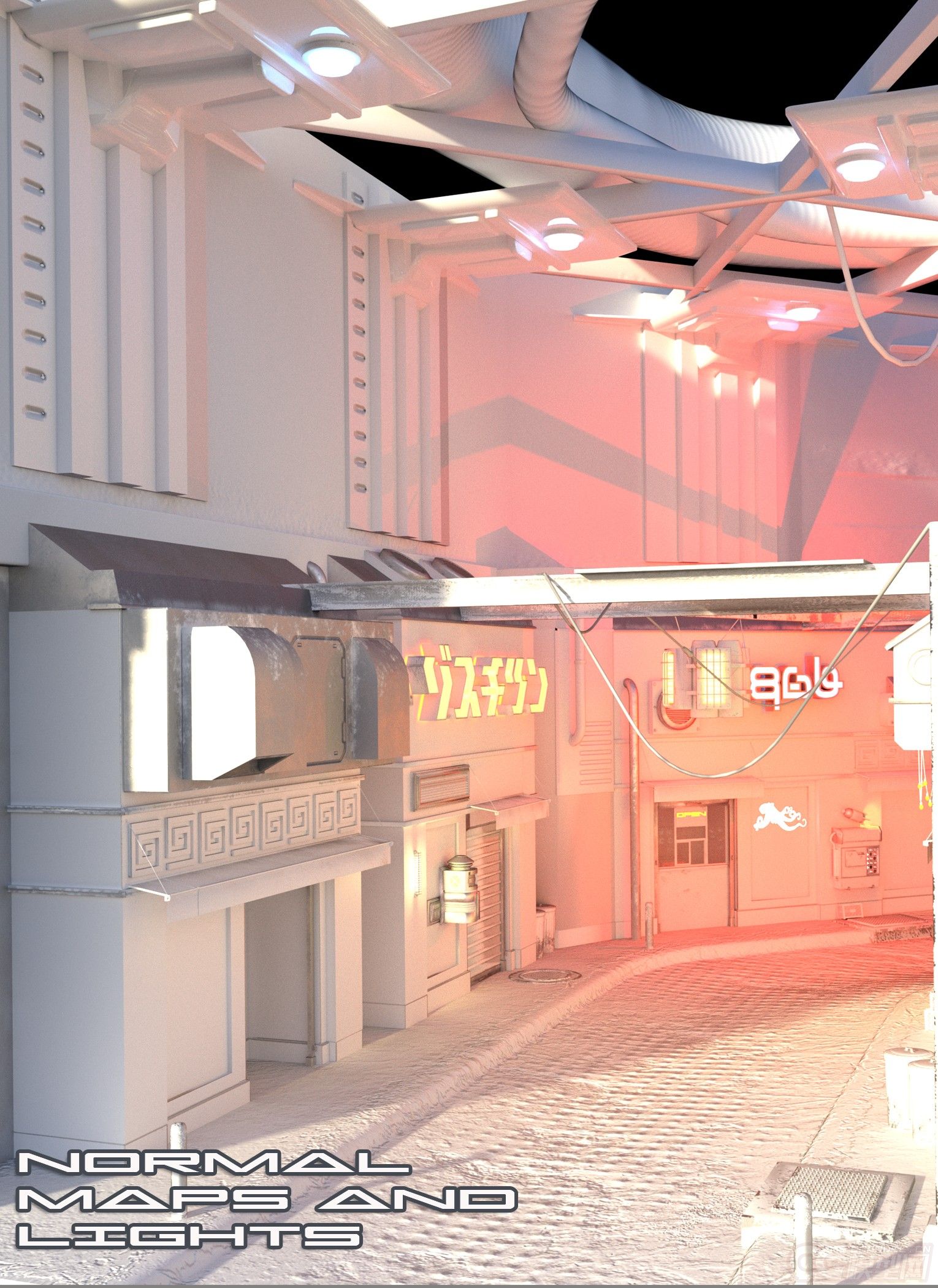 sci-fi black market alley科幻黑市巷街道建筑,路灯,商店