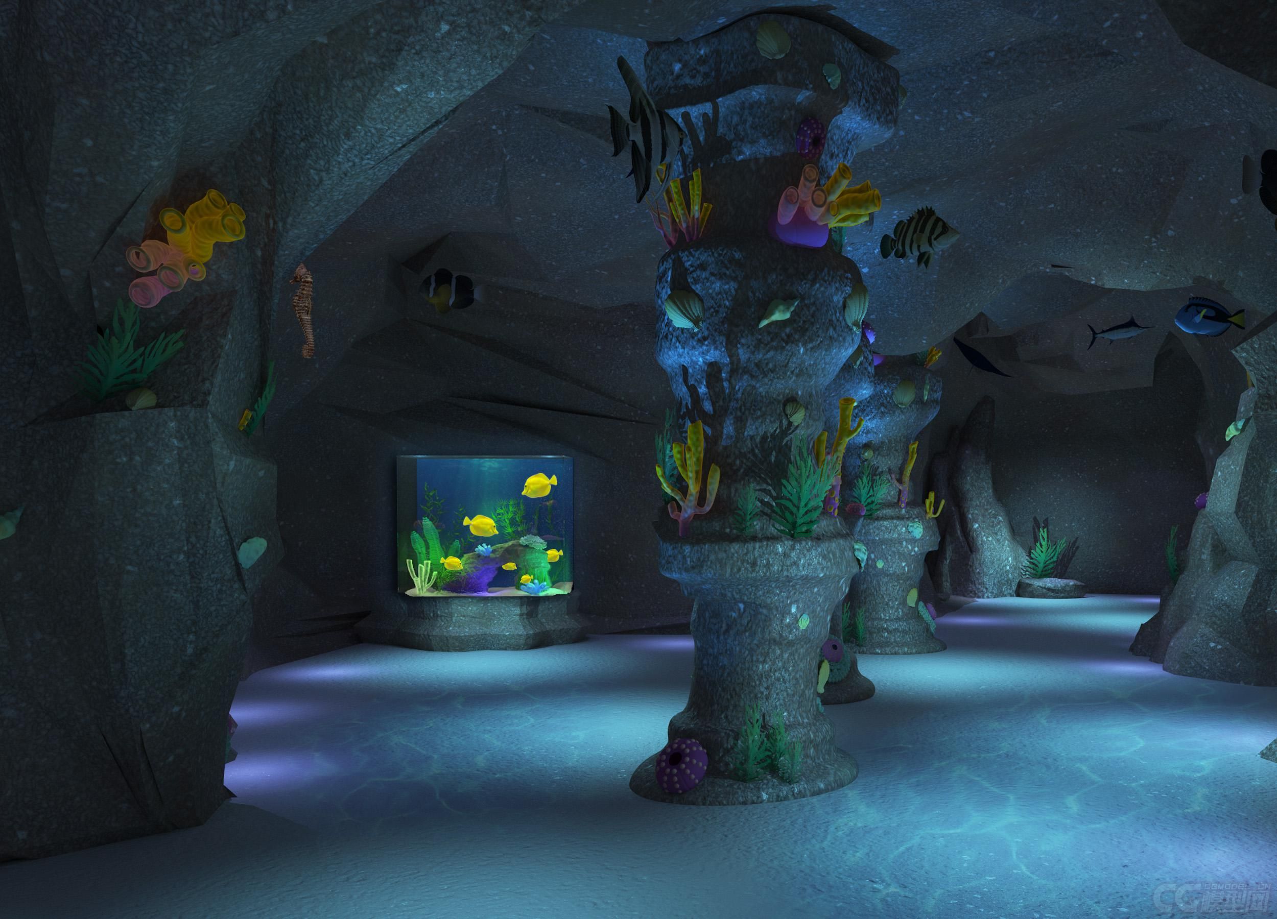 石头,溶柱,鱼缸,山洞,石洞,珊瑚,水草,热带鱼,海底溶洞 水族馆