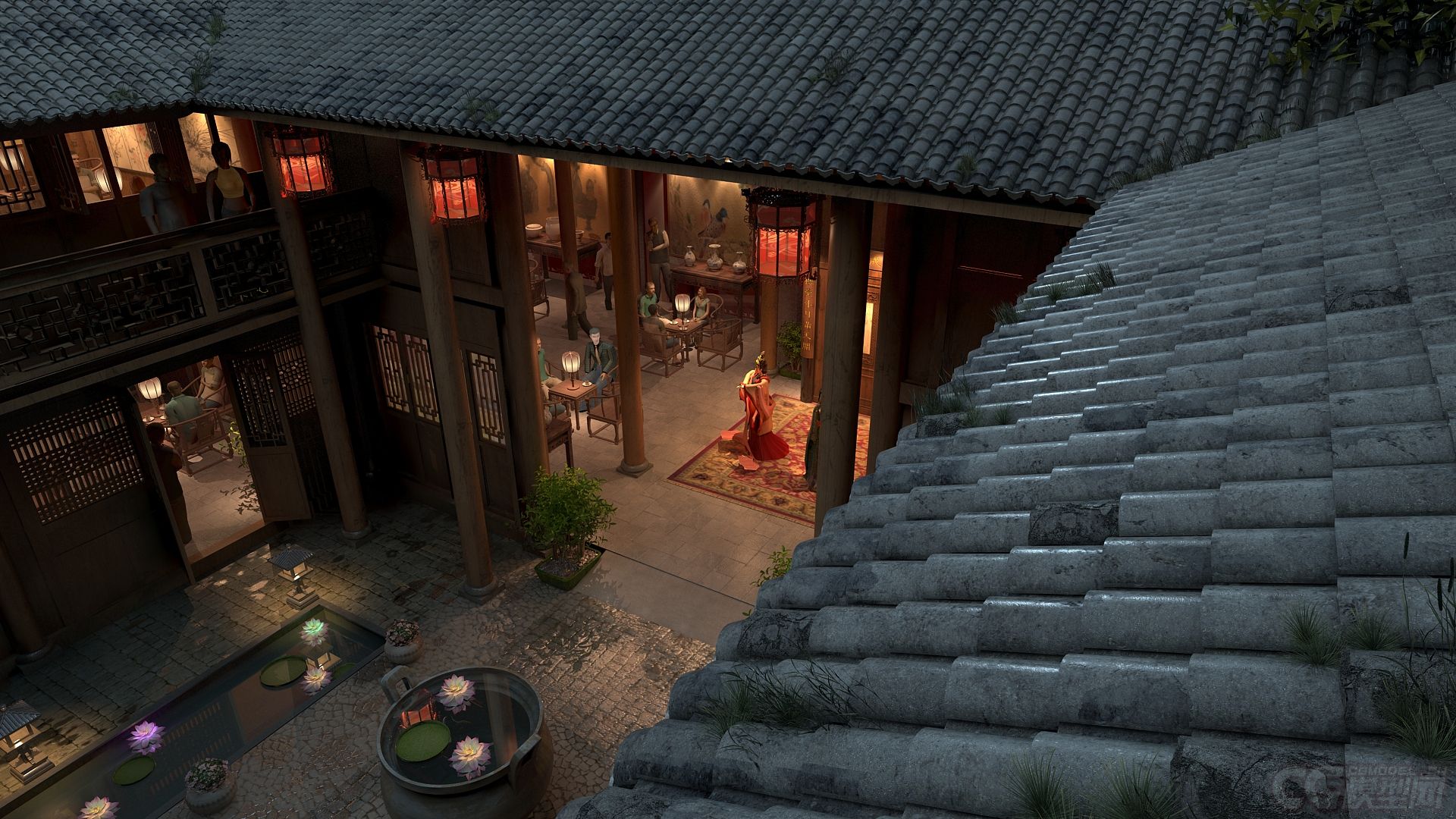 夜景庭院阁楼 唱戏的戏子