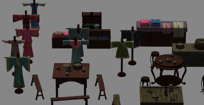 四角木桌子,古代衣服店,服装模特,服装木架 古建 建筑 写实场景 游戏