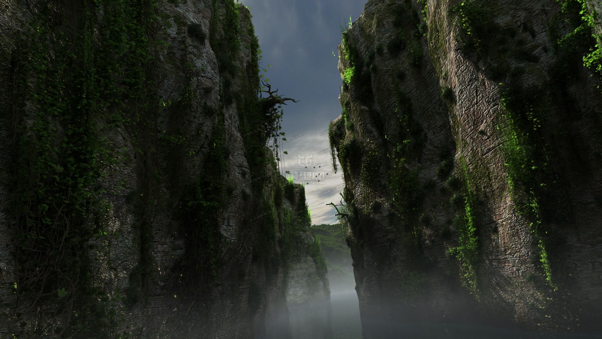 悬崖峭壁 峡谷 山 飞鸟 水 古树 藤曼_漂流者作品_场景自然场景_cg
