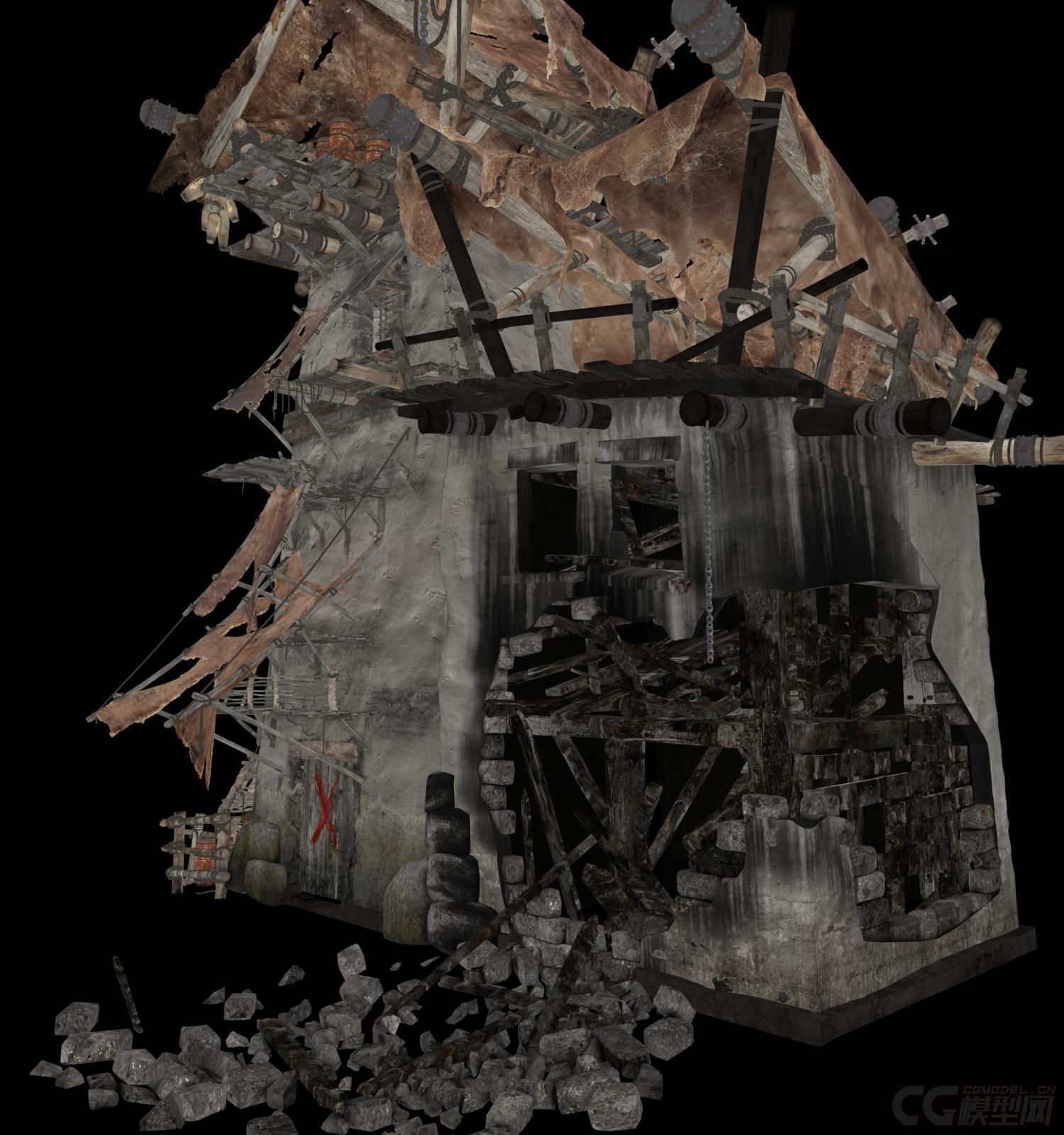 烧毁的房子,倒塌的房屋,砖,木屋,木桶,石头墙,废墟场景