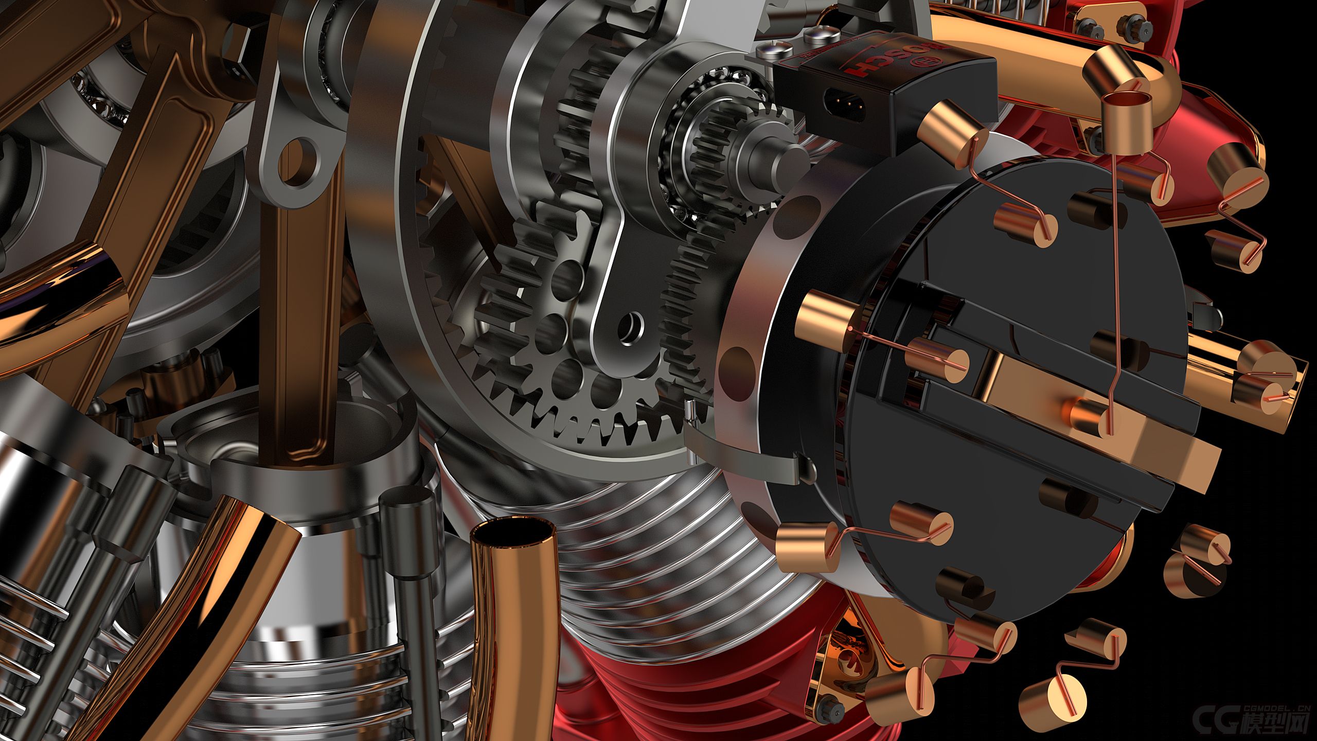 9缸星型螺旋桨飞机发动机3d模型,发动机模型,超级精细