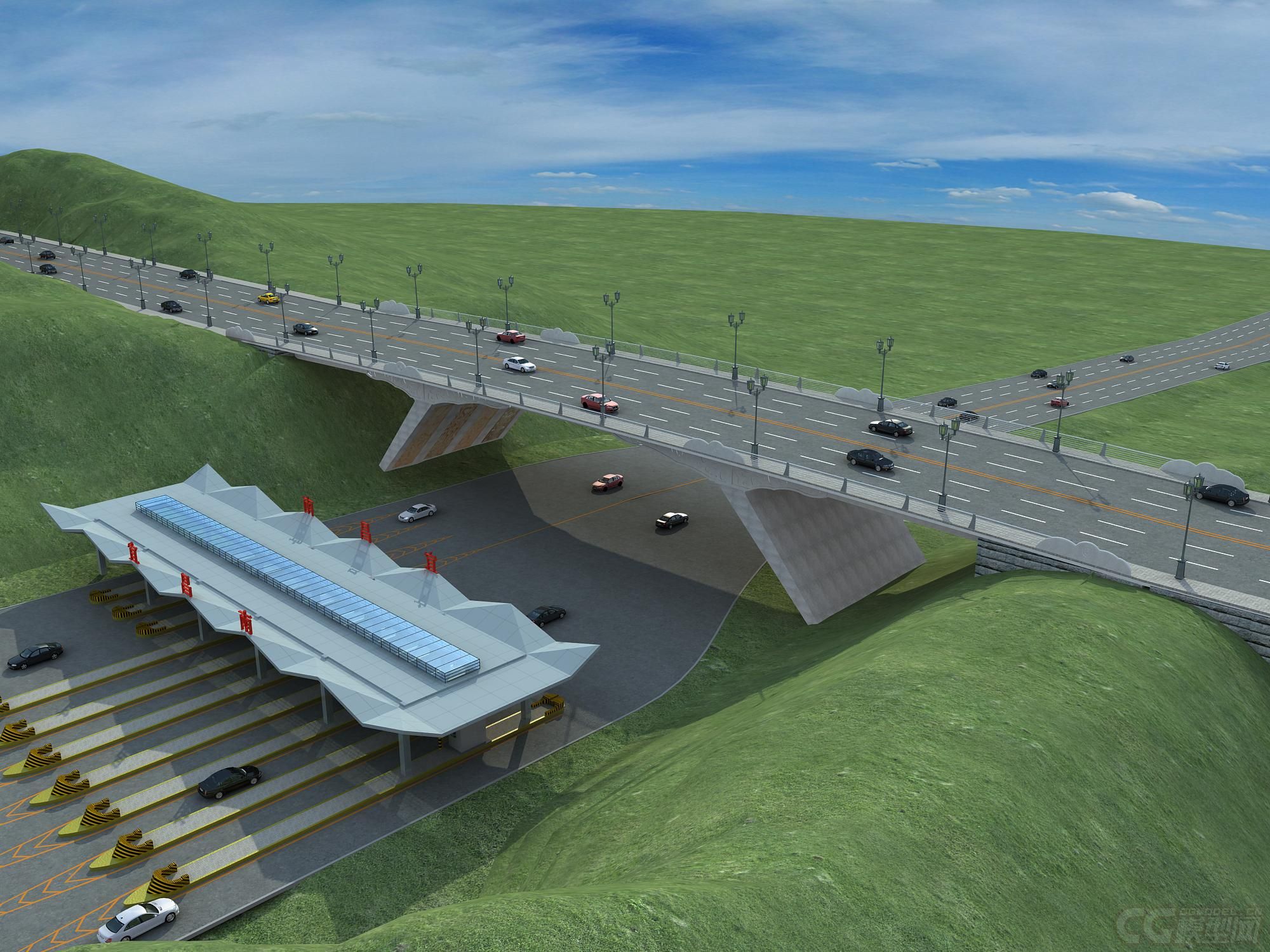 现代城市建筑场景模型,高速收费站3d模型,高速路,高速公路出口,入口