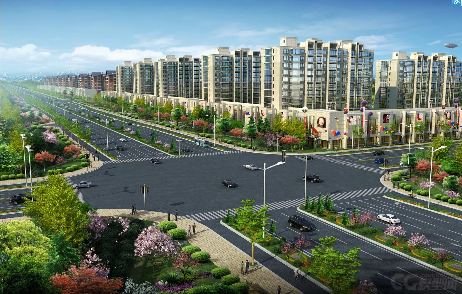 现代城市建筑场景模型,十字路口,跨河大桥,河流,小区,街道.