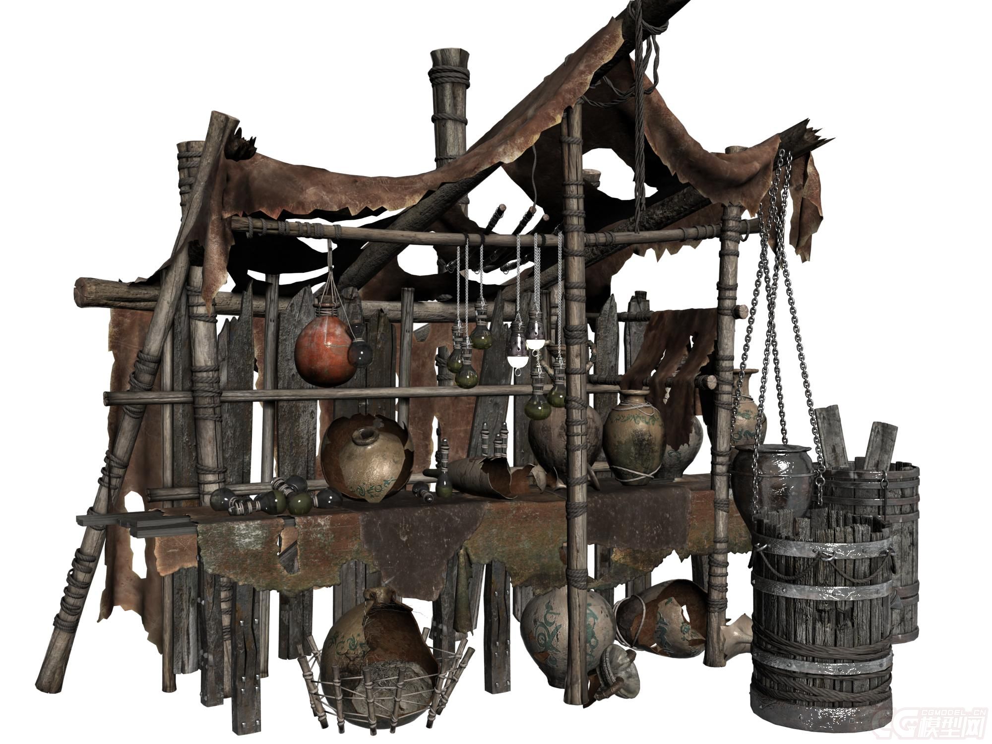 古代战争场景,废墟场景,破烂场景,木桶,布条,灯泡,坛子,铁链子.