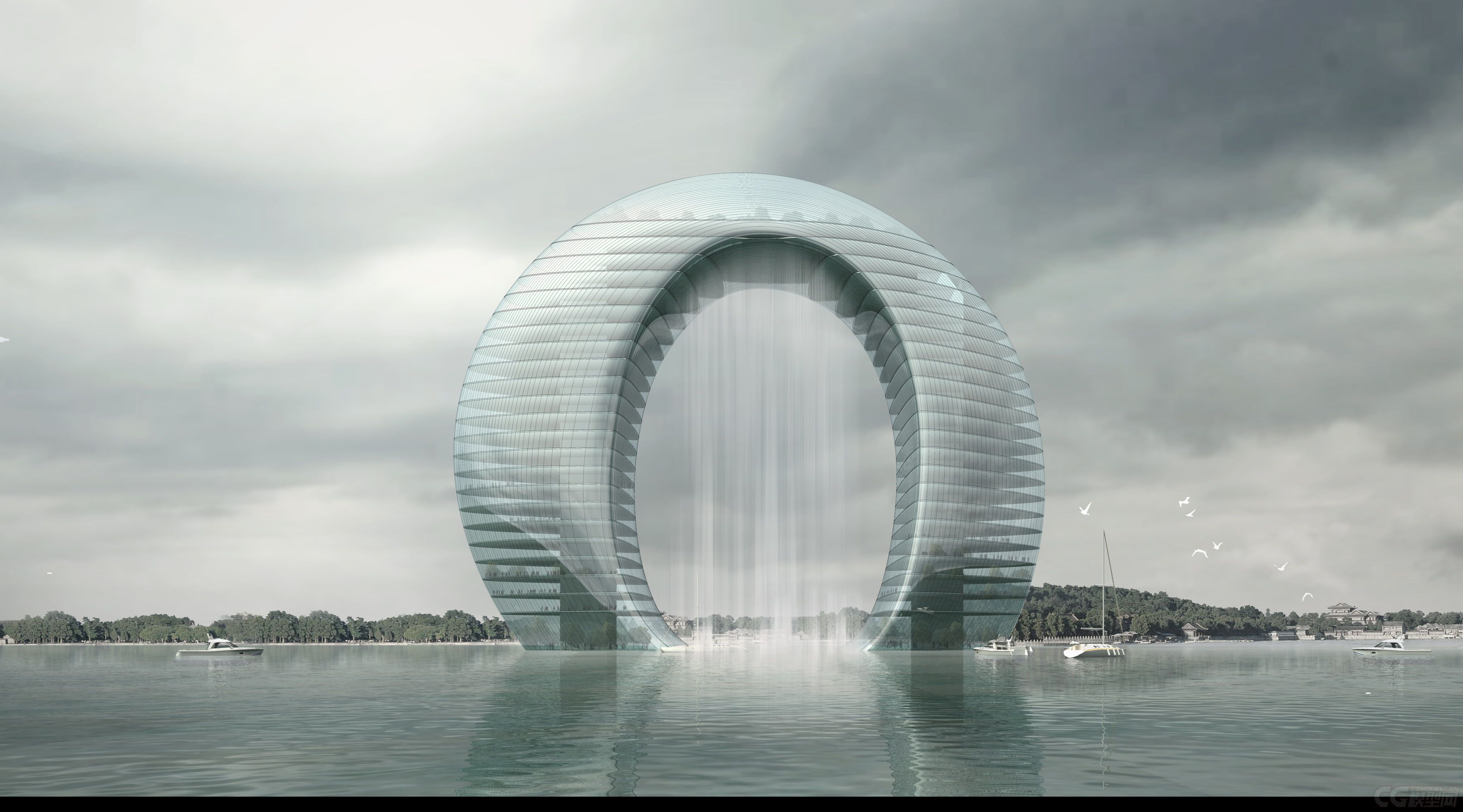 海岛异形建筑,拱形建筑,水幕建筑