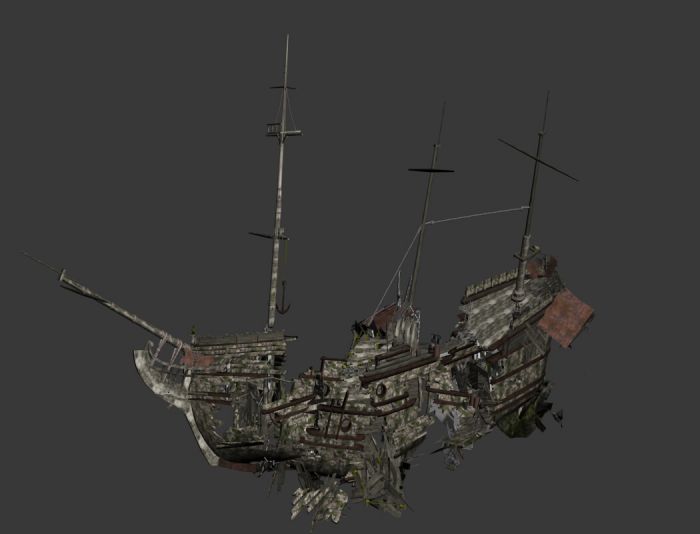 古墓丽影—复古诡异  带桅杆的 断船 木船