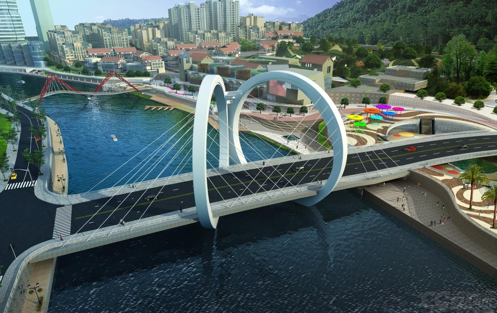 大型现代科幻城市鸟瞰,西山桥,蝴蝶桥,跨海大桥,桥梁,高架桥,鸟瞰河流