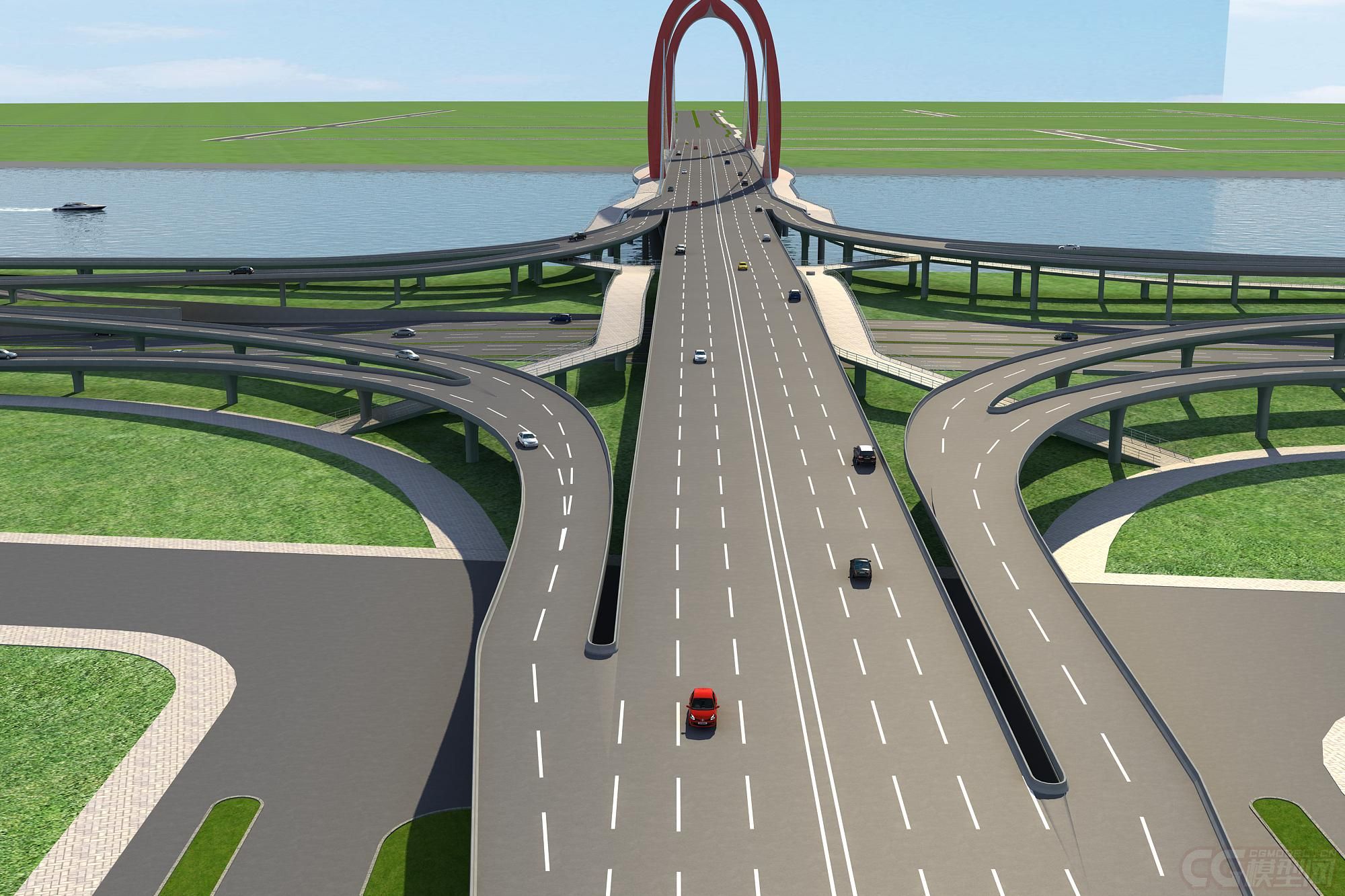 城市立交桥3d模型,跨海大桥,大型立交桥,桥梁,高架桥,鸟瞰河流,轮船