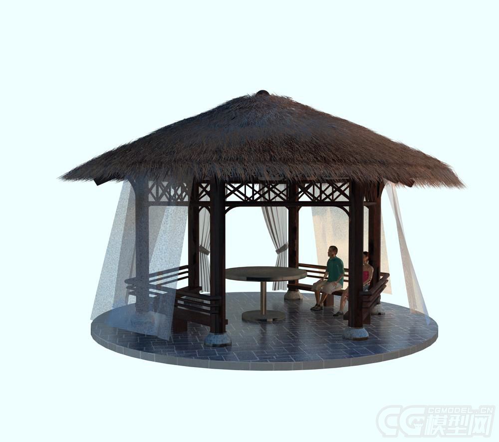 茅草棚,建筑场景部件,遮阳棚,休闲区,茅草屋,含材质贴图