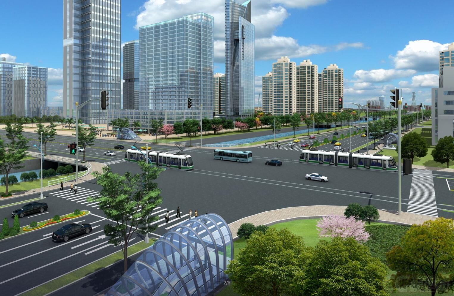 科幻城市,现代大型城市,电车,马路,办公楼,十字路口,未来城市,桥梁.