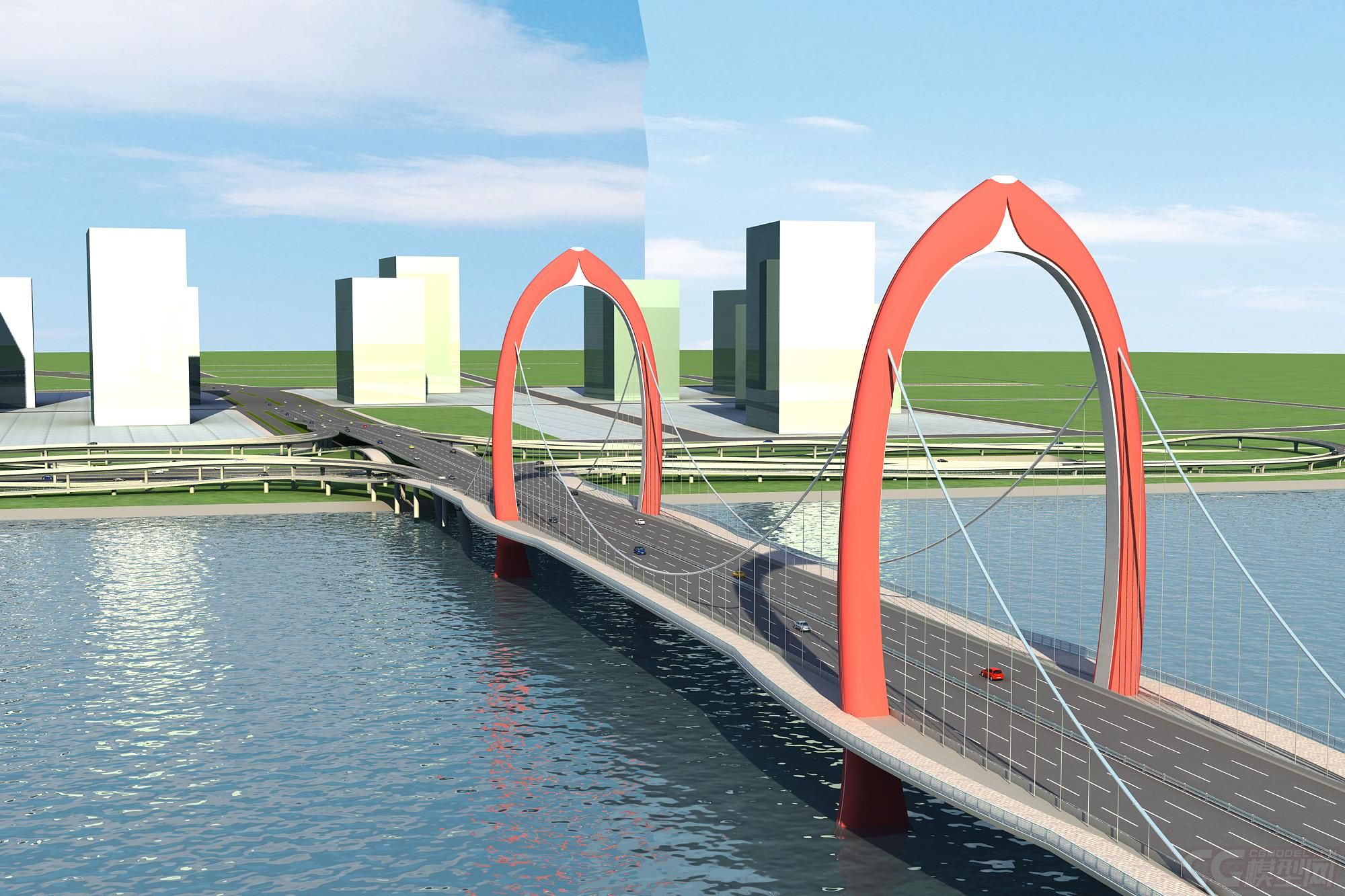 城市立交桥3d模型,跨海大桥,大型立交桥,桥梁,高架桥,鸟瞰河流,轮船