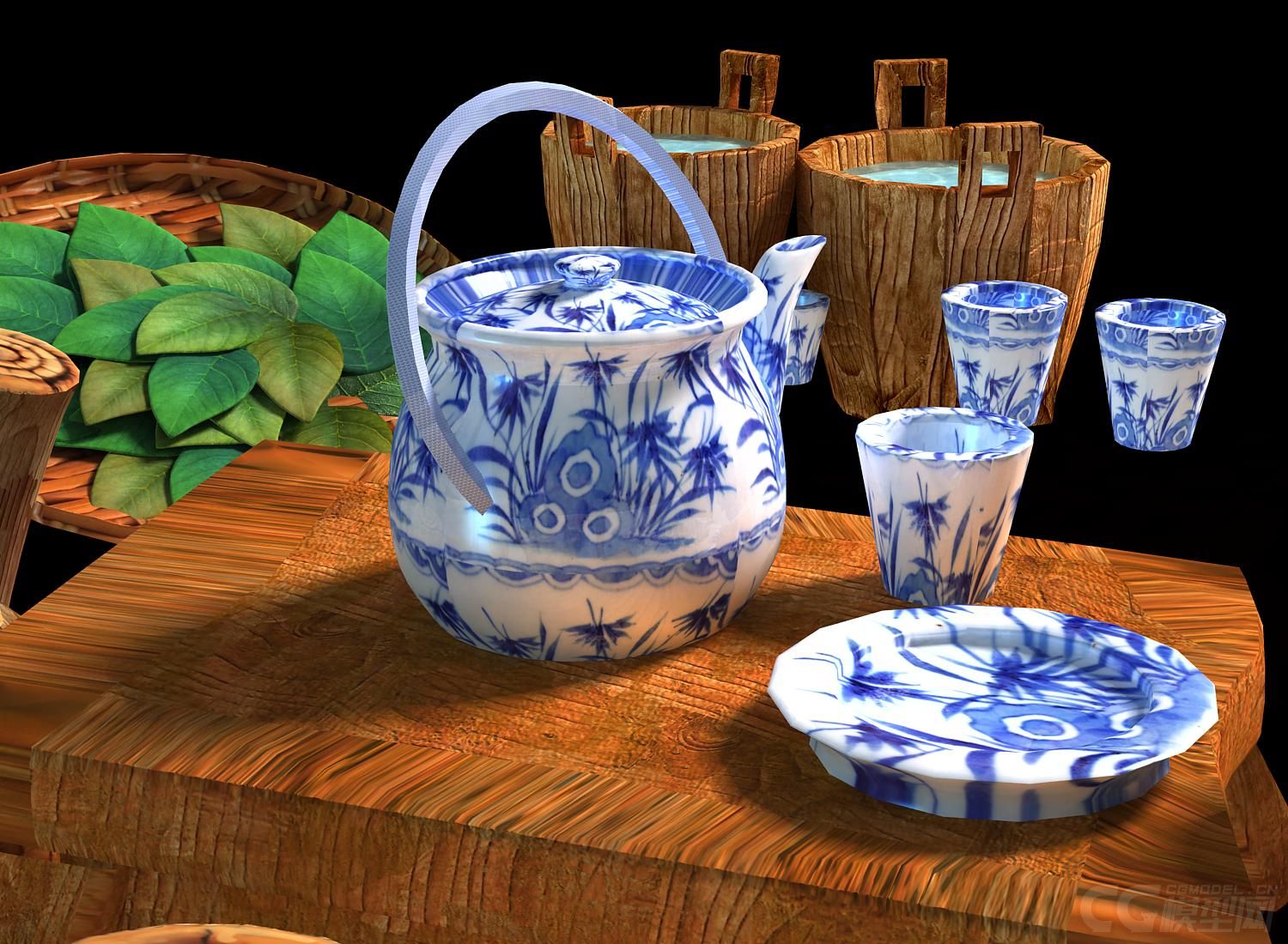 超精致的东方古代茶庄青花瓷茶具杯具茶铺店铺小部件