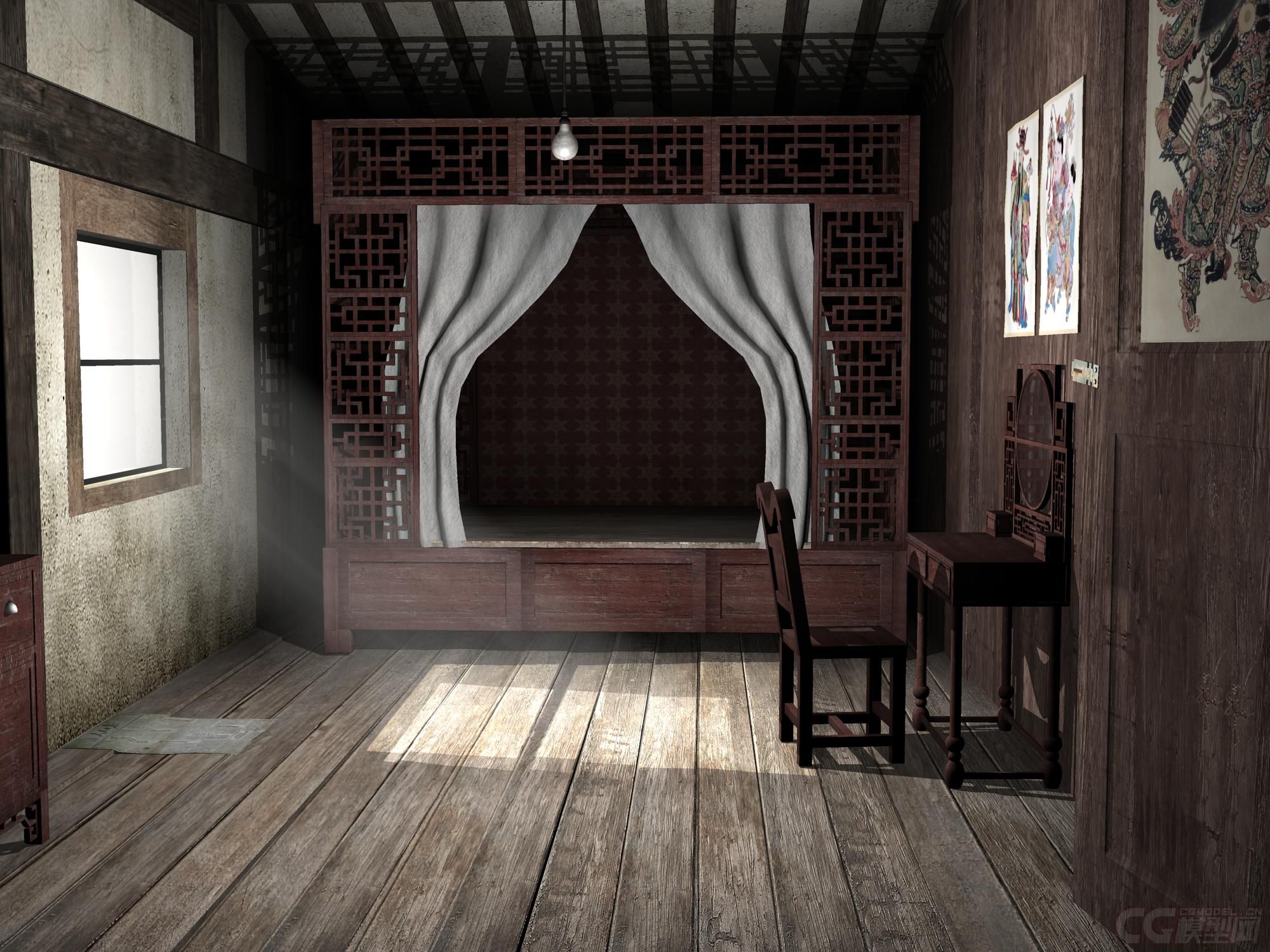 古代卧室古代床梳妆台木床古代房间卧室室内