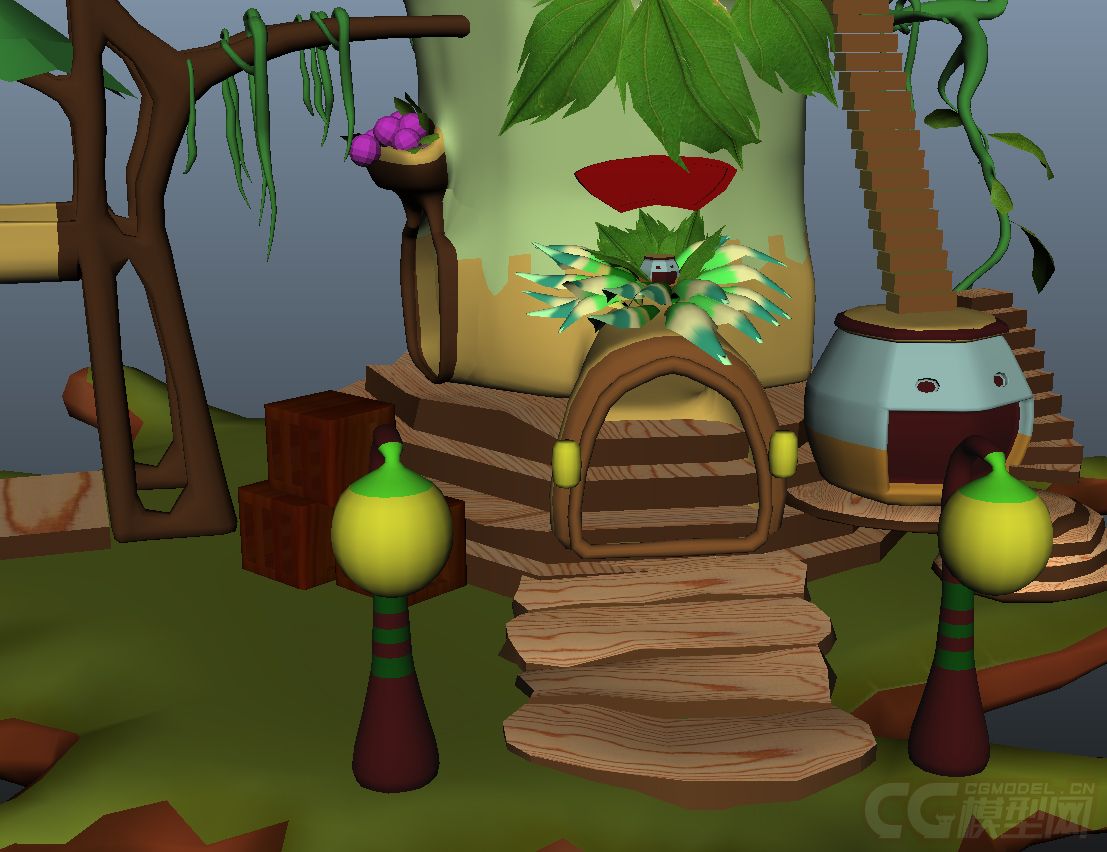 漂亮的卡通q版树屋小屋屋子