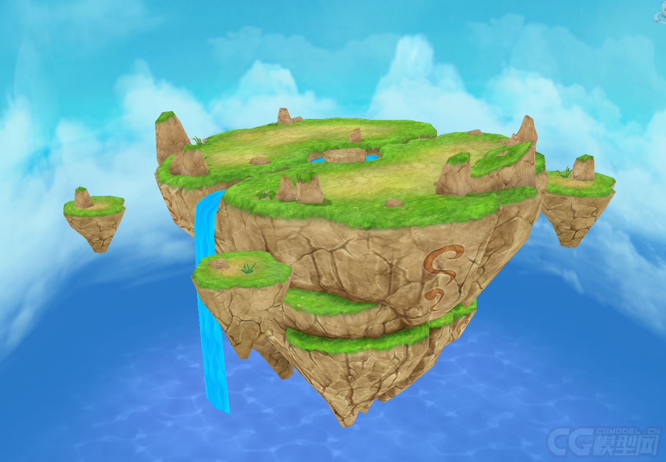 非常漂亮的卡通q版本悬浮的小岛浮岛瀑布漂亮的山体浮岛绿油油的草坪