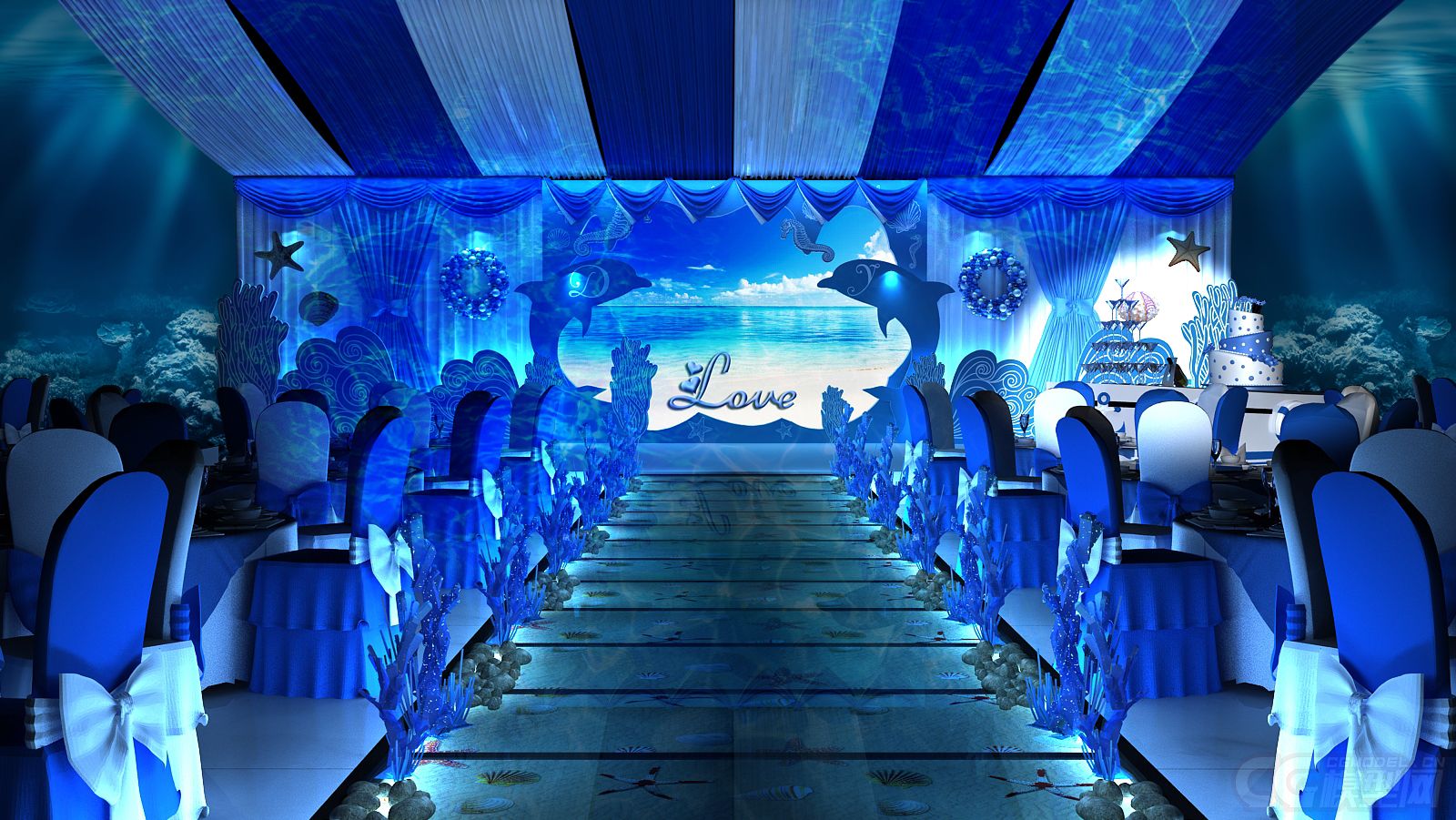 唯美的蓝色系海洋风格婚礼场景