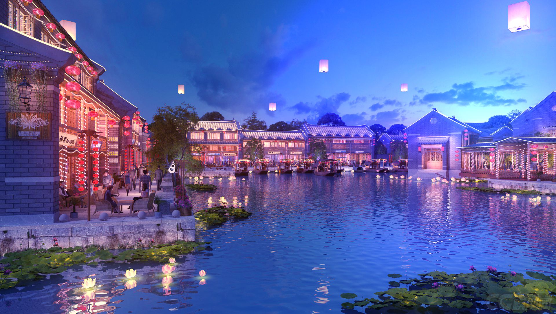 古建 夜景商业街 湖边商业酒吧街 _ttzy作品_场景古代场景_cg模型网