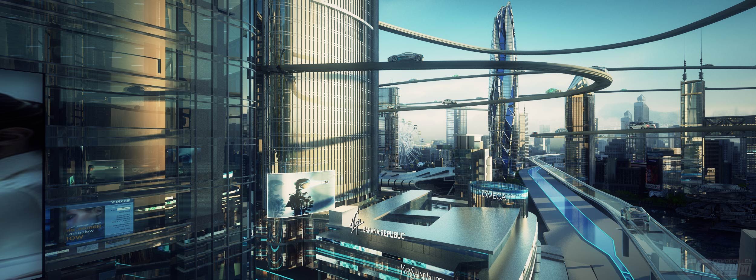 未来城市 悬浮路轨道车 cbd 配楼建筑群 城市鸟瞰 科幻 科技 科技车