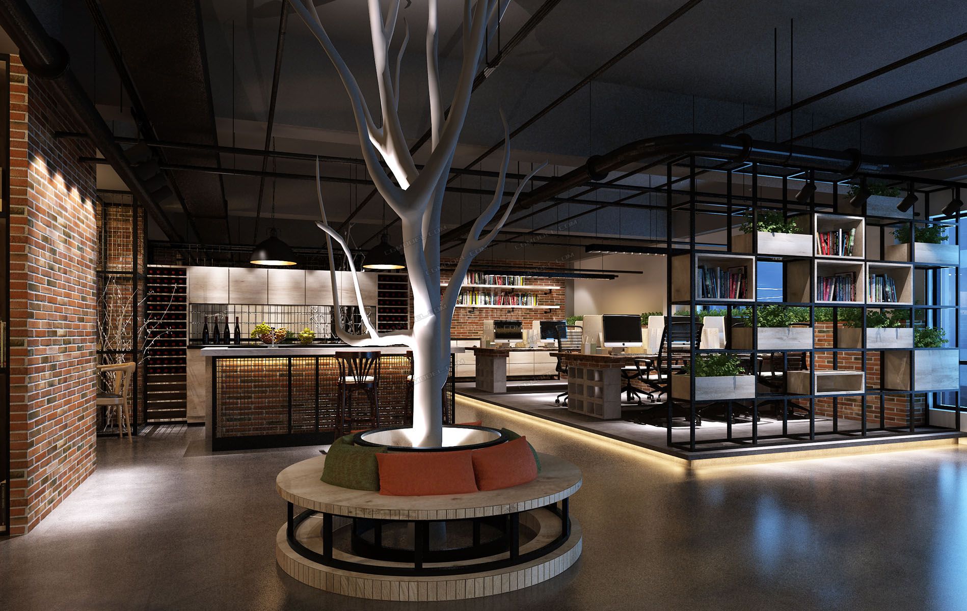 工业风办公室 形象墙 员工办公区 茶水区文化墙 吧台休息区 会议室