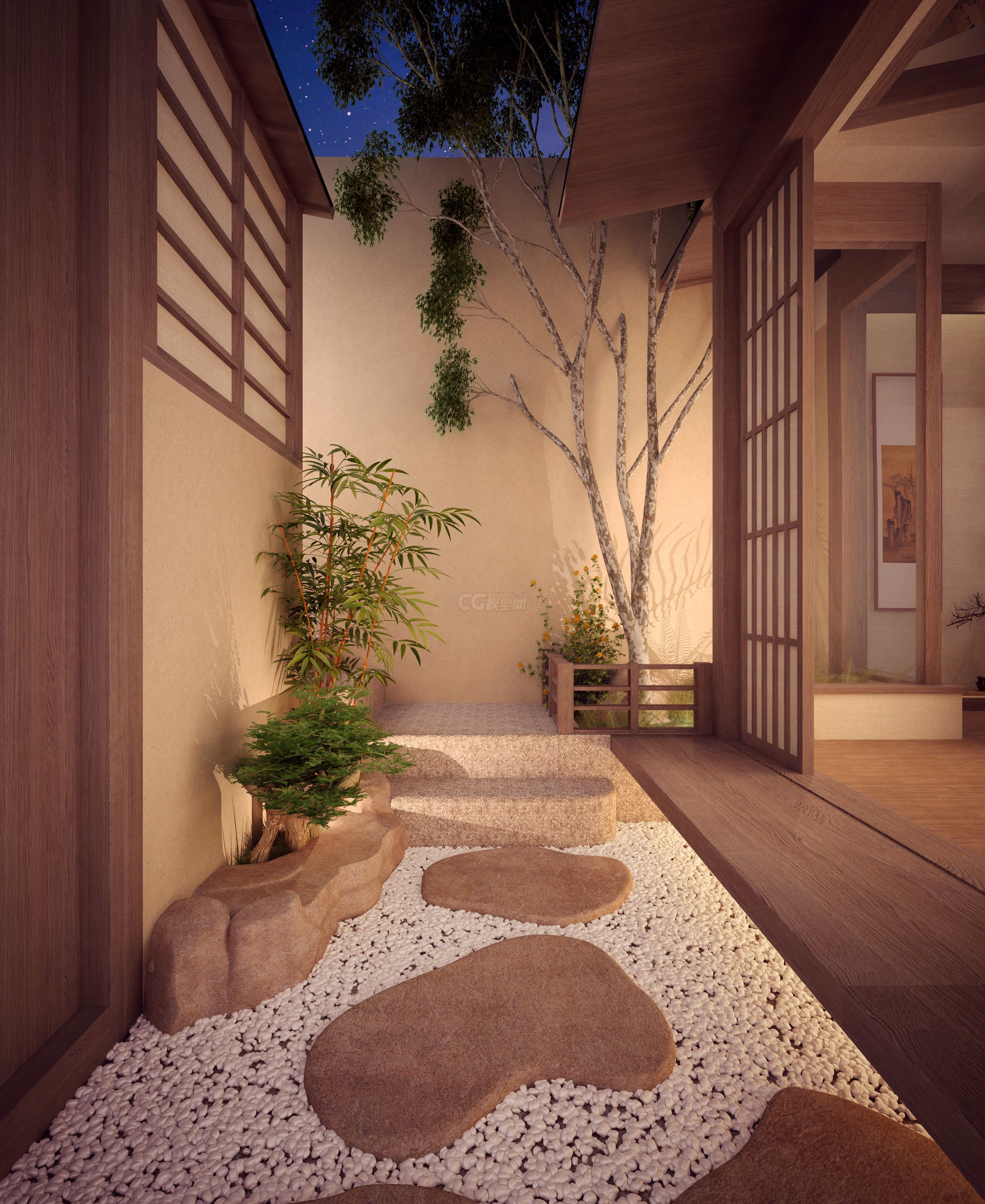 日式枯山水  廊道 禅意花园