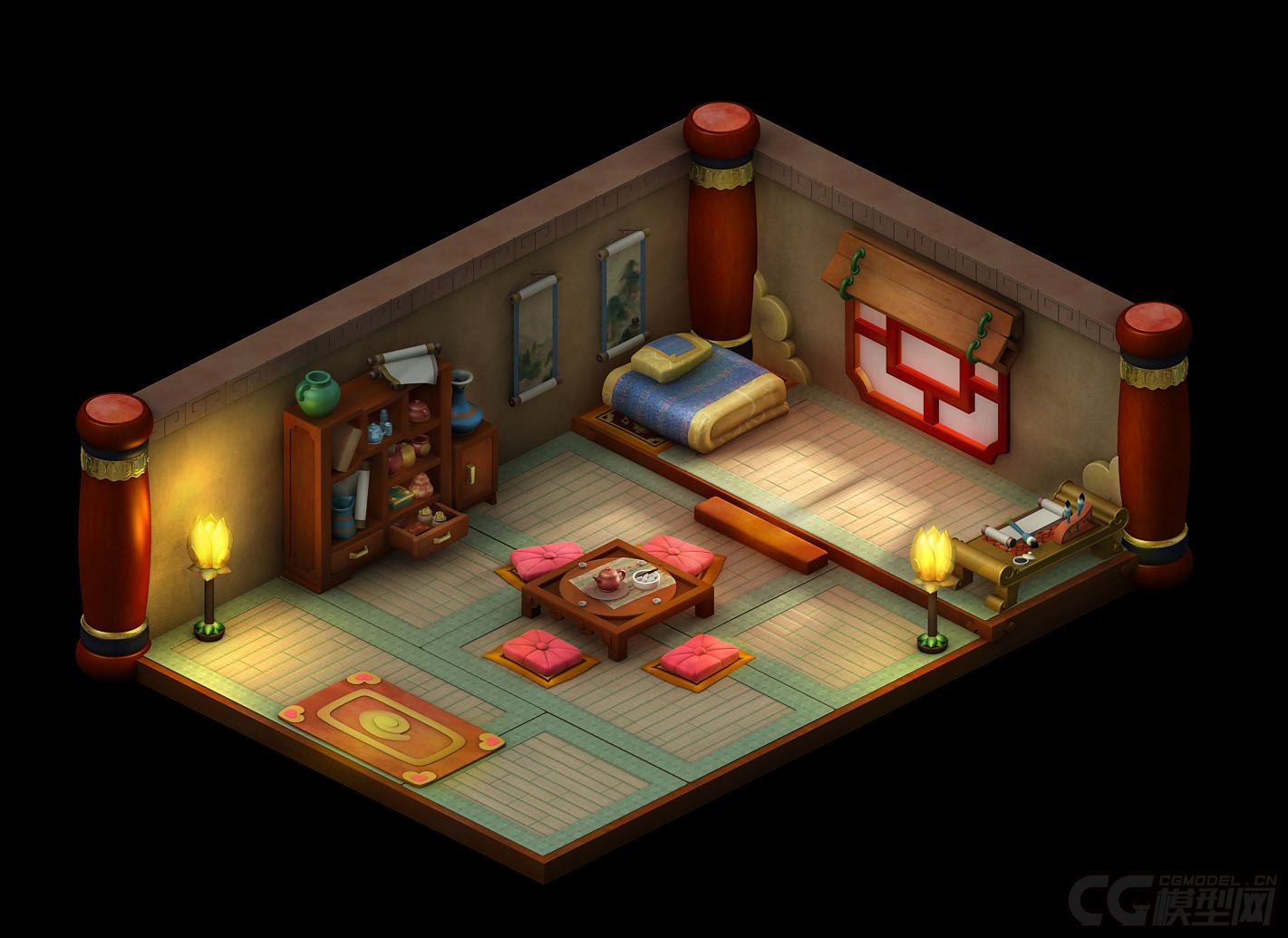 东方古建筑 漂亮可爱的卡通小房间 卧室  屋子 床铺 杯子椅子 柜子