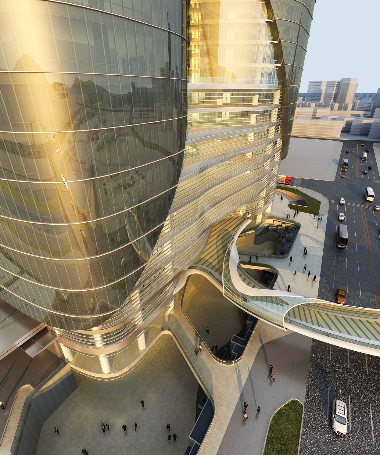 未来科幻城市酒店模型,高楼大厦,城市商业中心,地标建筑,人行天桥