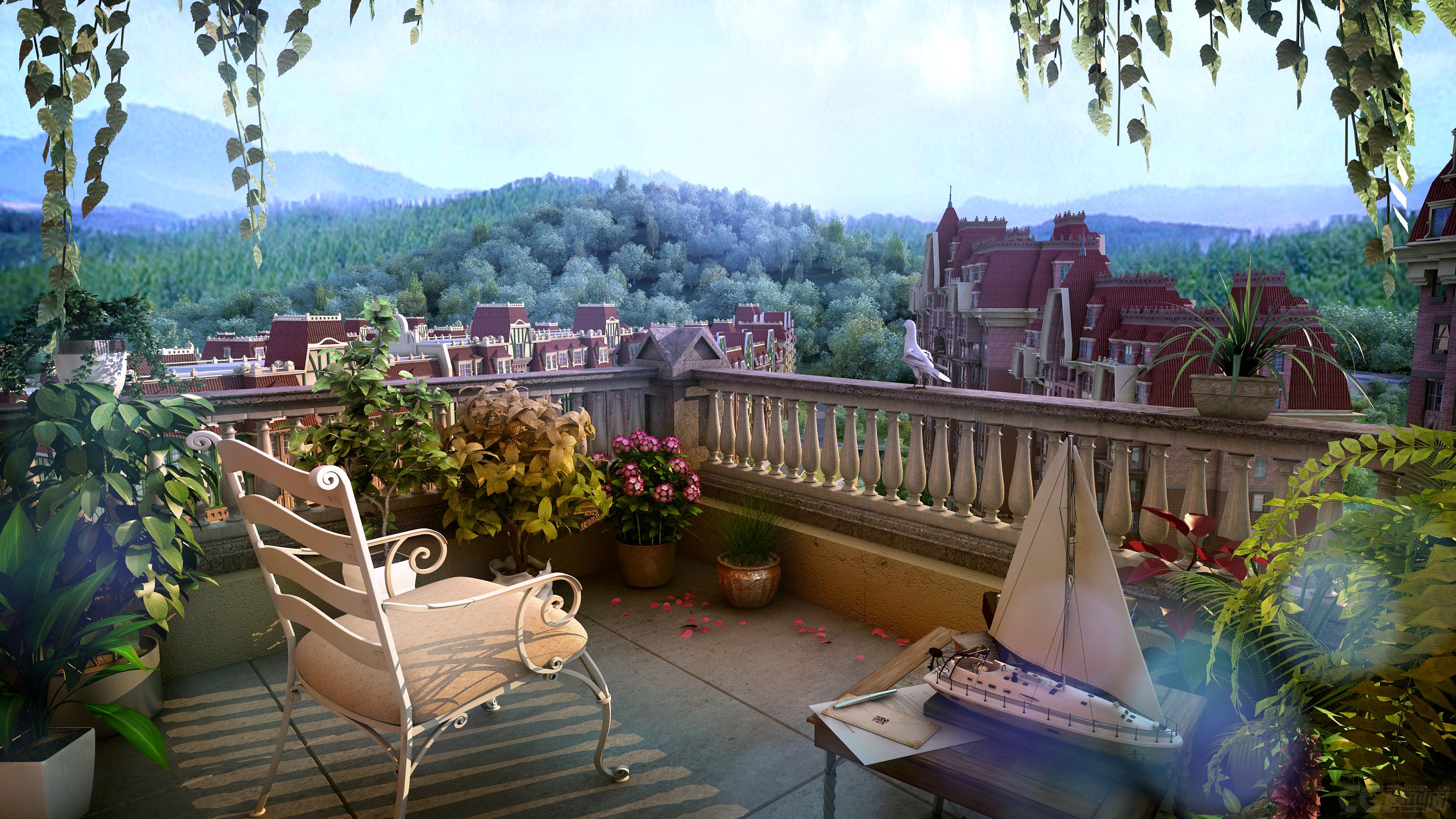 欧式阳台绿化俯瞰社区影视地产动画场景