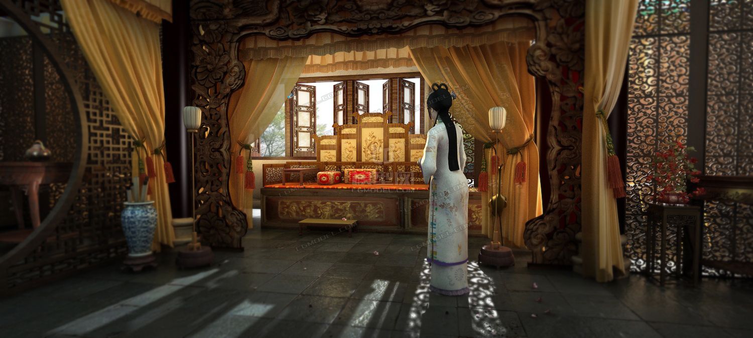 红楼梦-古建室内大殿书房-中式-古代美女仙女-灯笼-门窗