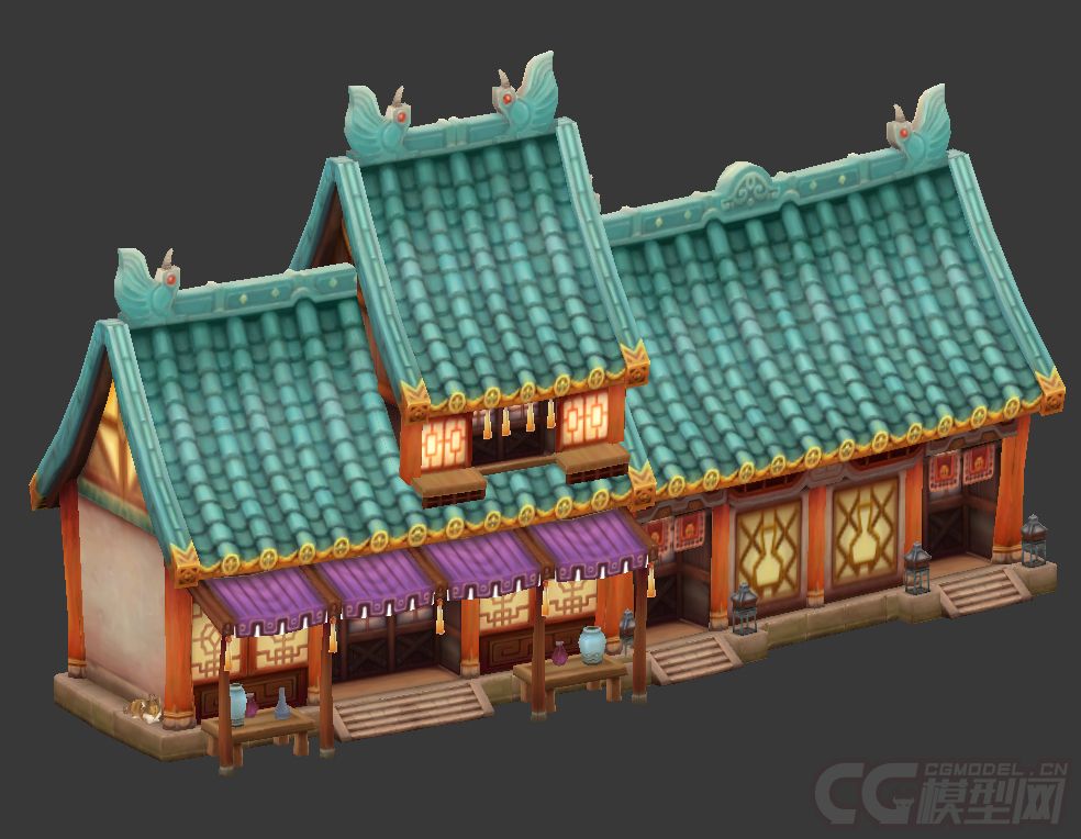 q版中国风民居建筑瓦房市集房子当铺