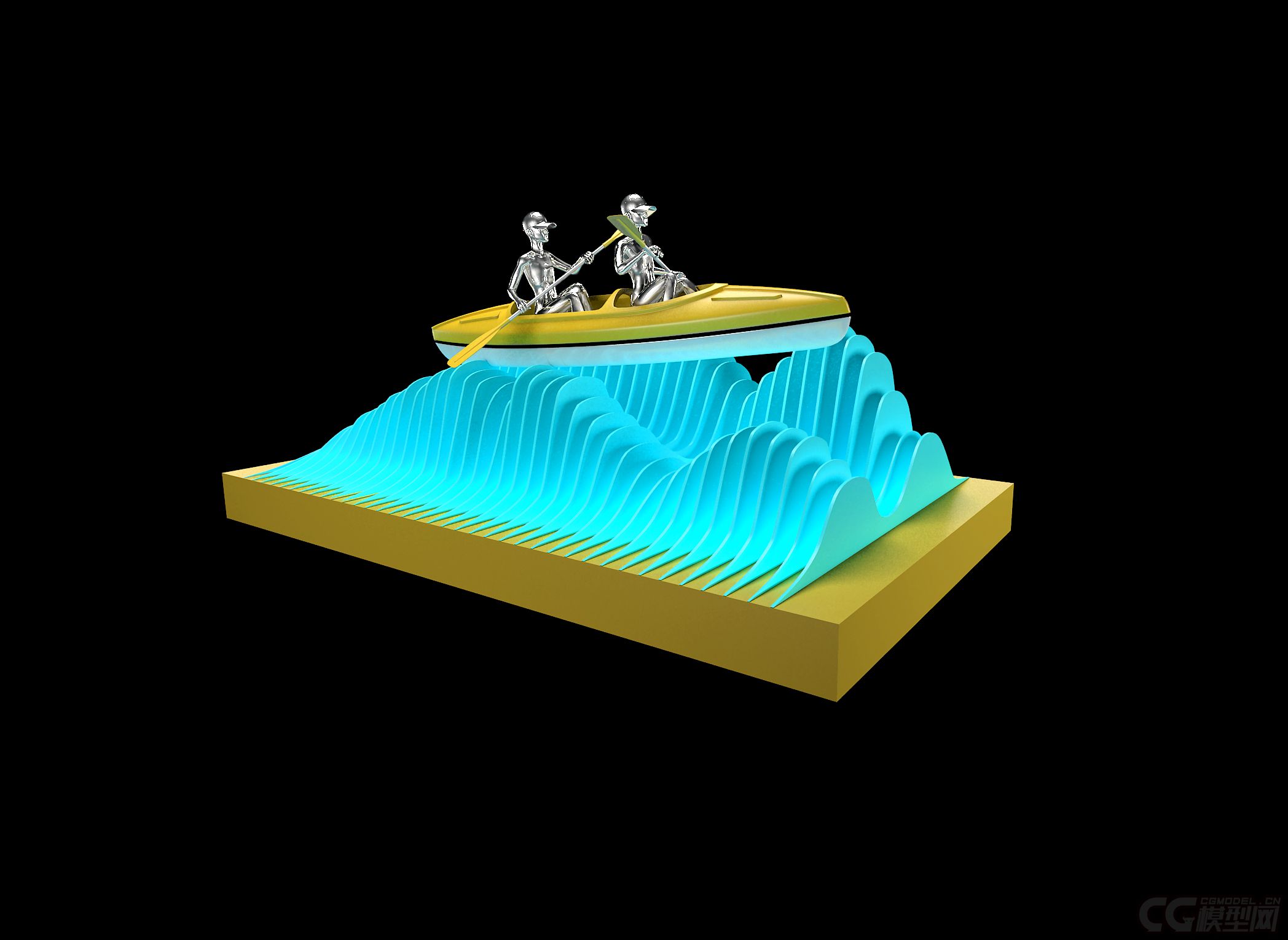 现代抽象雕塑水元素波浪上的小船