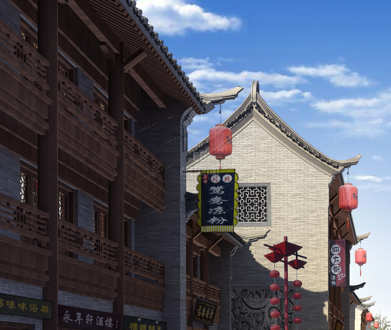 客栈商业街仿古酒吧街古街关中历史文化街关中民居建筑模型带psd文件