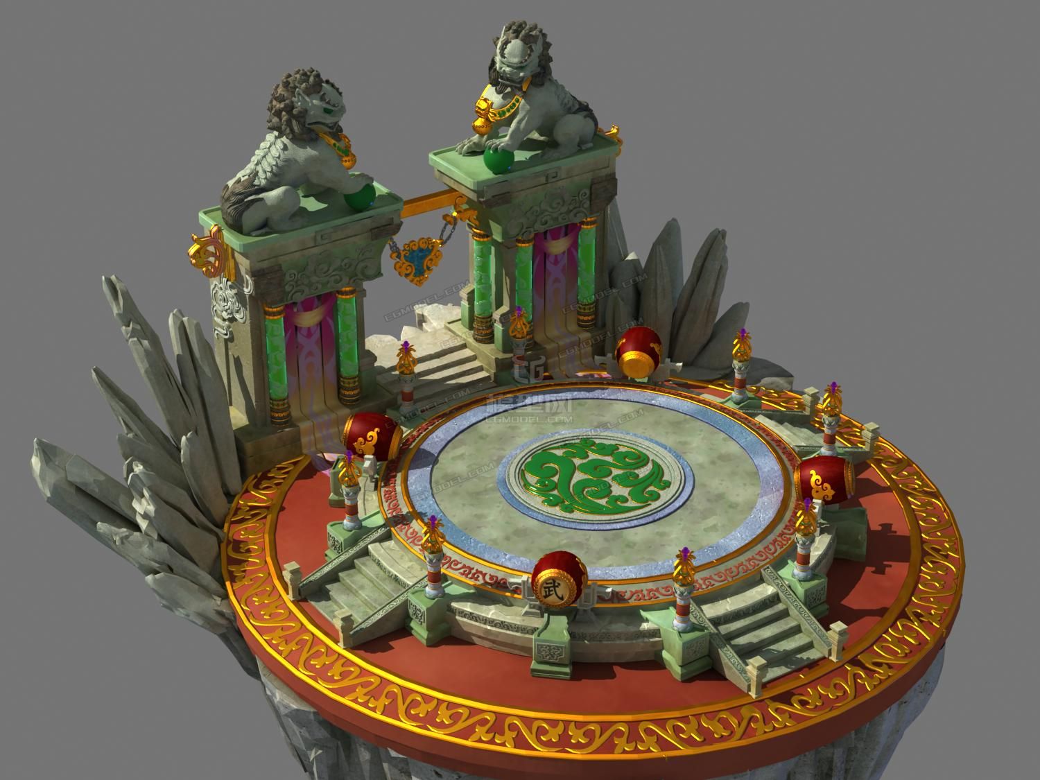 古建比武台狮子擂台战鼓场景