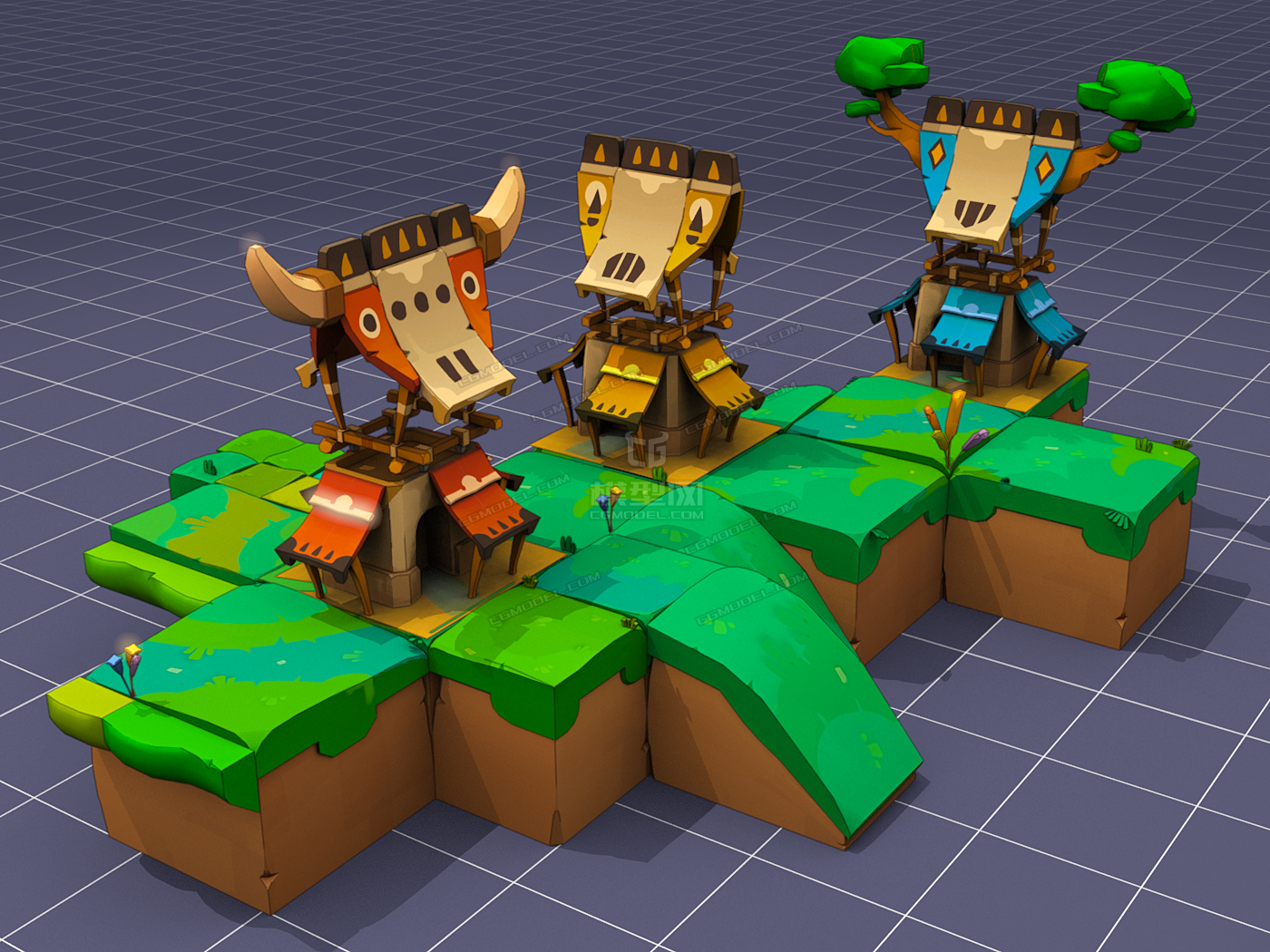 手绘水彩风格卡通动漫场景模型q版自然场景原始部落场景