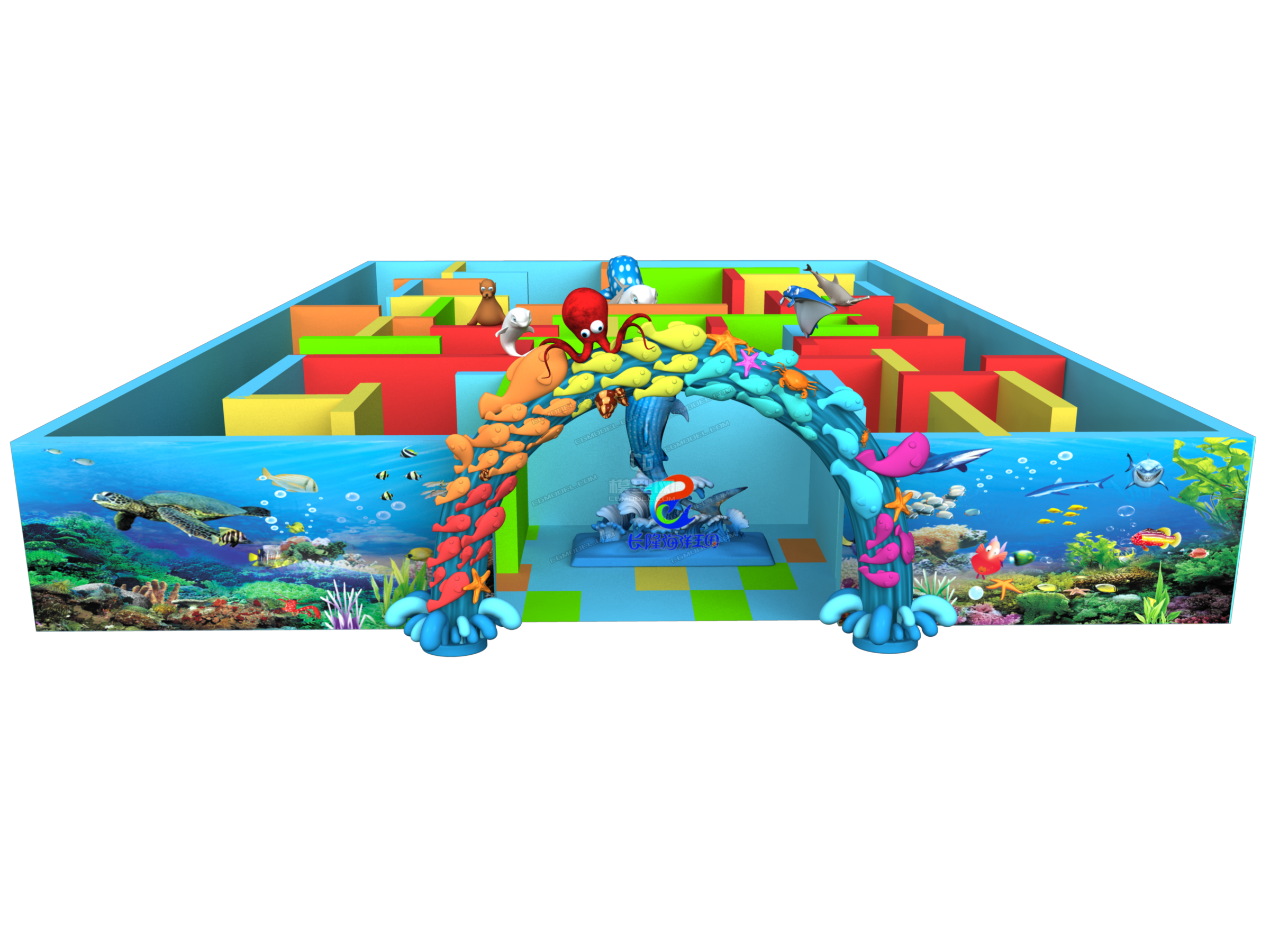 迷宫,美陈dp,海洋王国多个吉祥物模型,拱门,鲸鲨,泡泡鱼,海豹,海豚