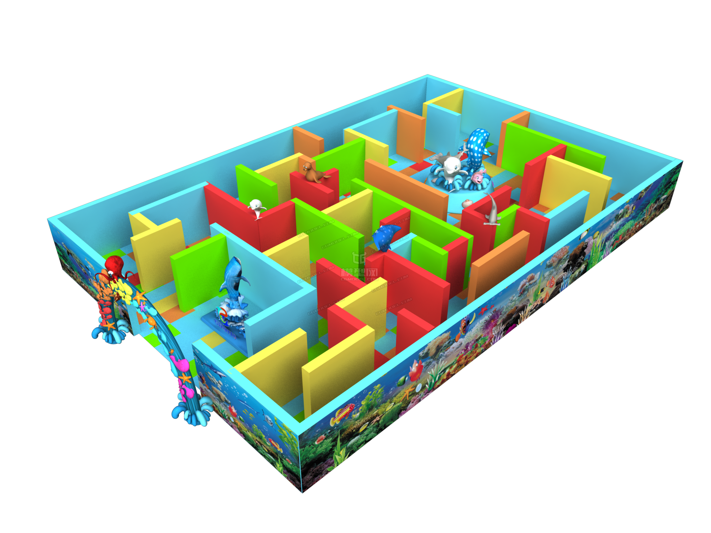 迷宫,美陈dp,海洋王国多个吉祥物模型,拱门,鲸鲨,泡泡鱼,海豹,海豚