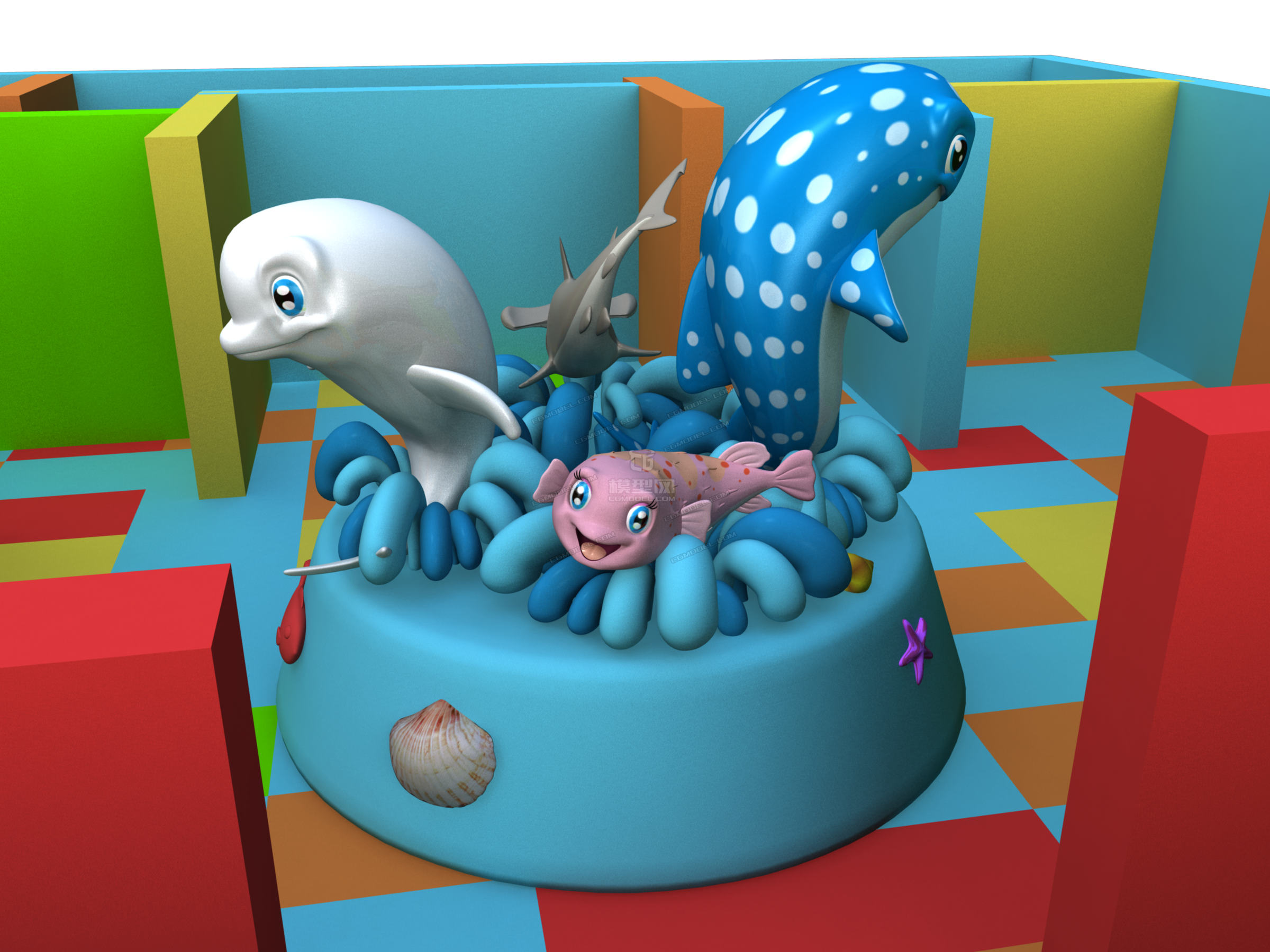 迷宫,美陈dp,海洋王国多个吉祥物模型,拱门,鲸鲨,泡泡鱼,海豹,海豚