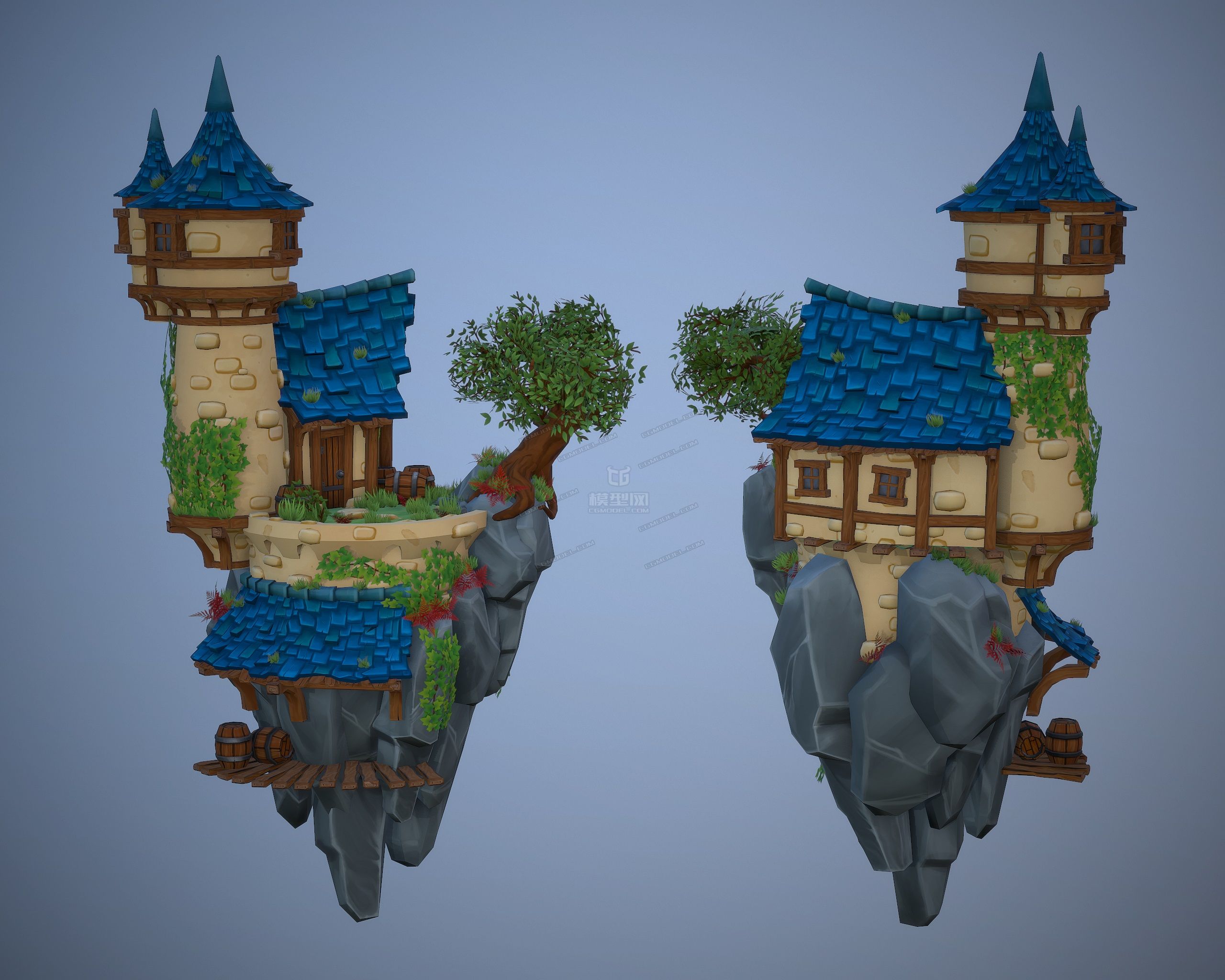 卡通手绘风格 小山居_xoxo酱作品_场景自然场景_cg模型网