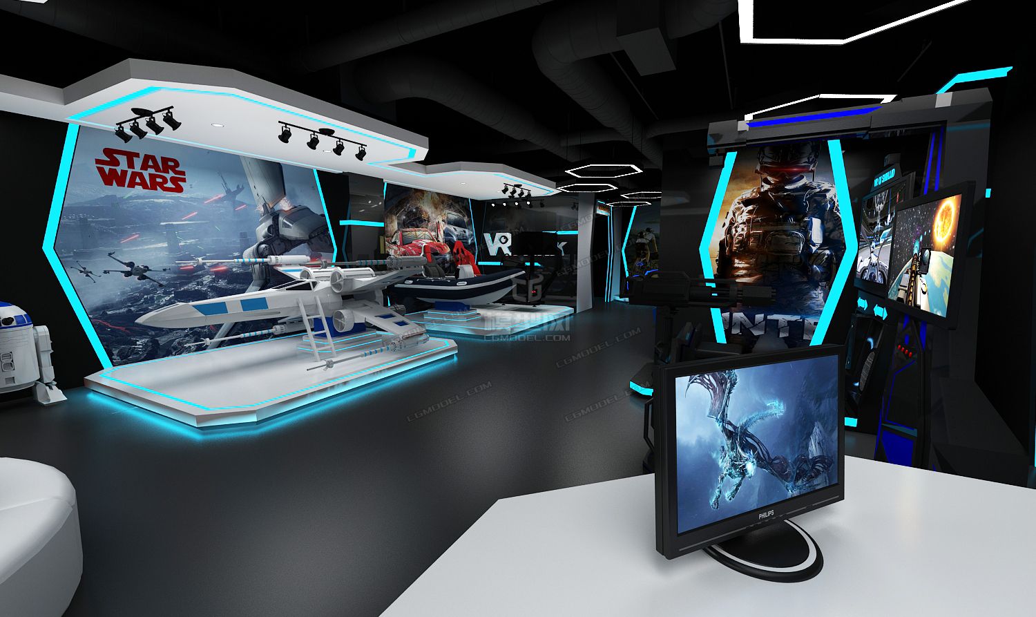 一个VR虚拟现实体验馆场景 带各种VR体验设备模型-现代场景模型库-3ds Max(.max)模型下载-cg模型网