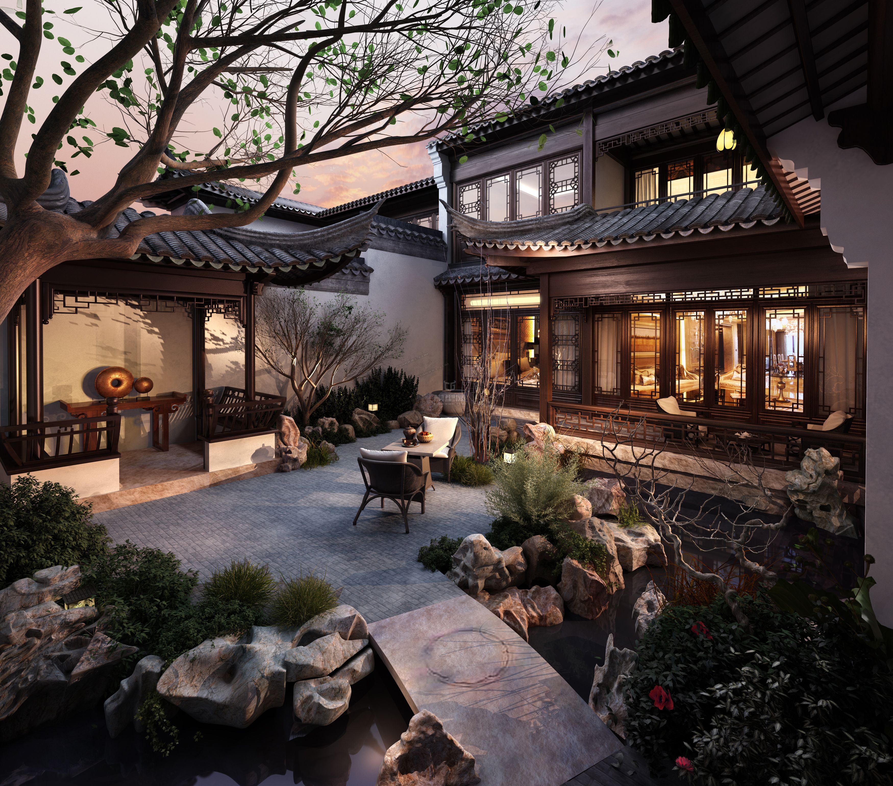 中式庭院 篱笆 太湖石 荷花 庭院 古建筑 徽式建筑 徽式庭院  后庭院